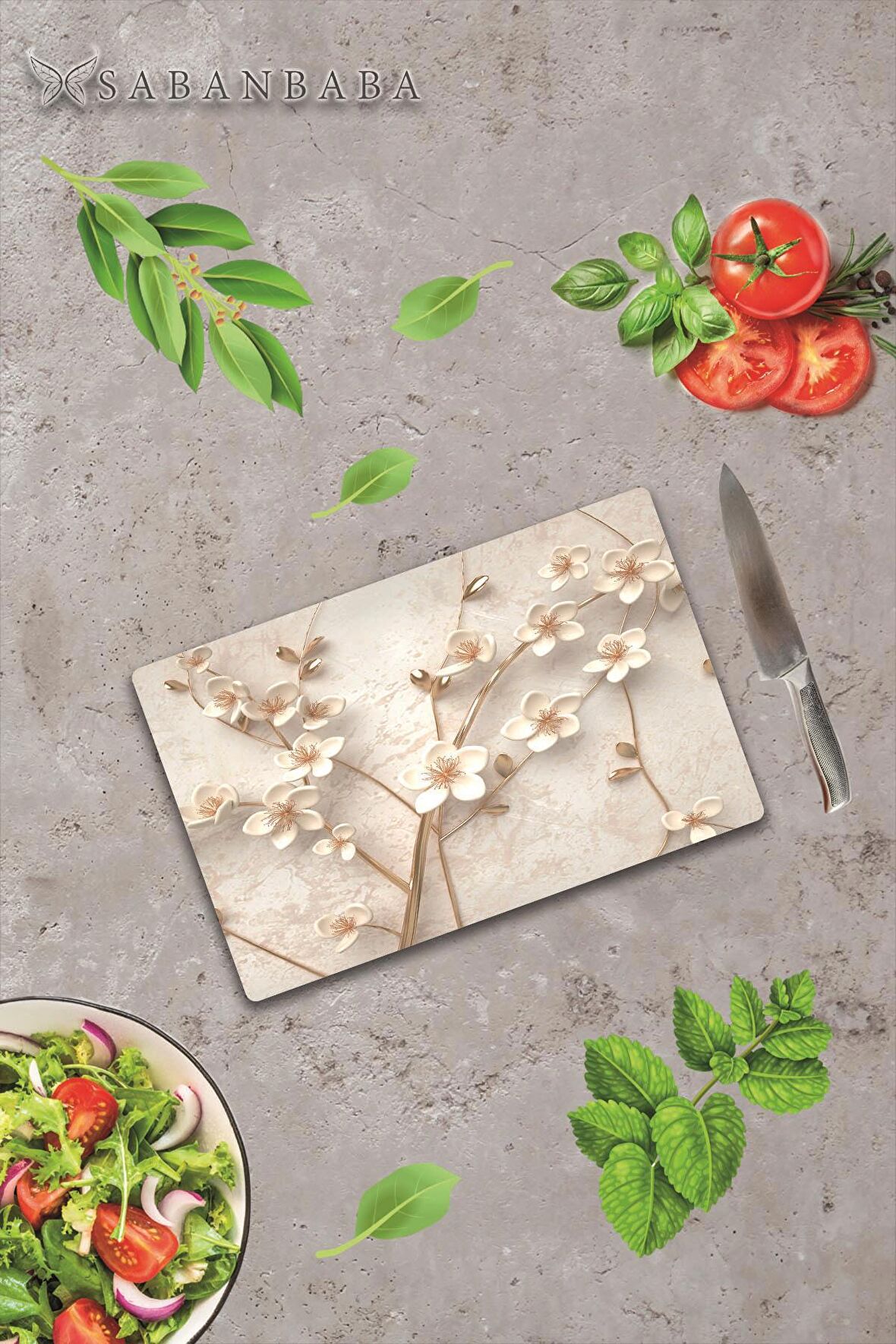 20x30 cm Yapay Güller Desenli Cam Kesim Tablası