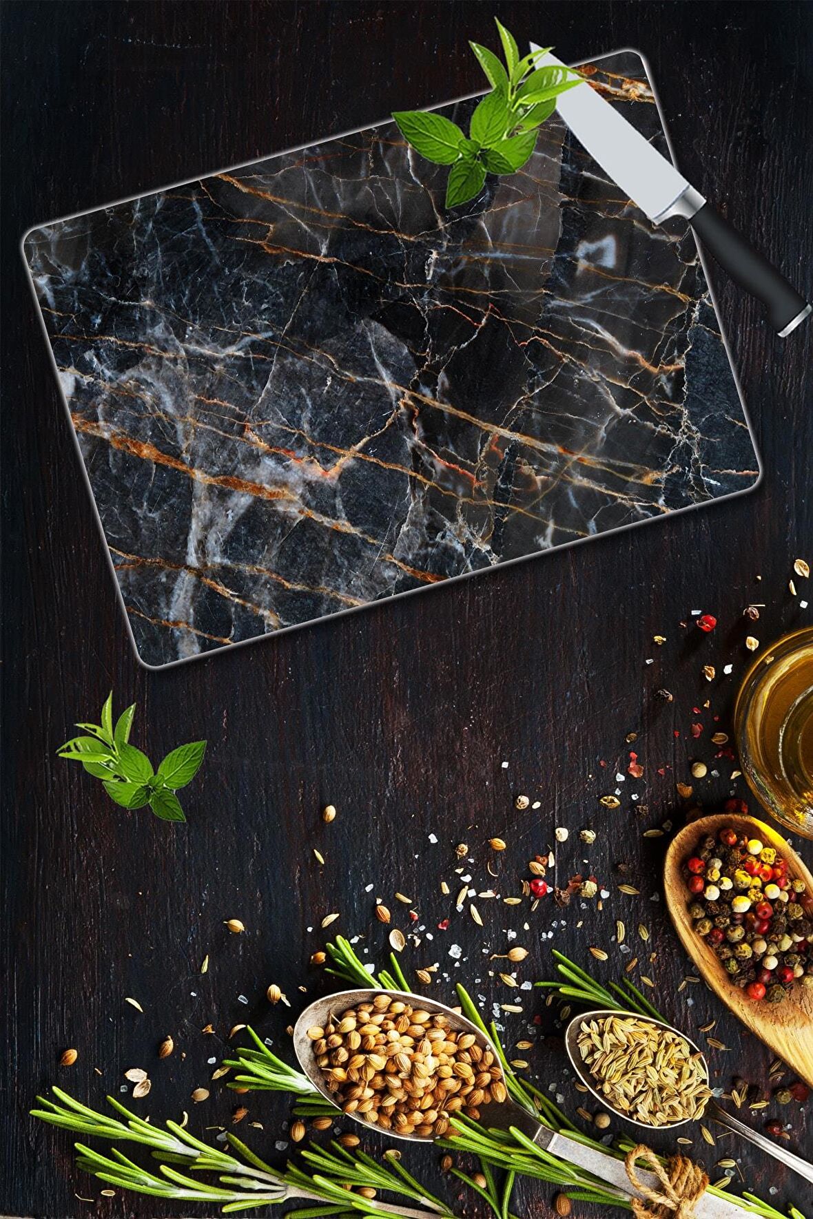 Saban Yaldızlı Mermer Görünümlü Cam Kesme Tahtası Cam Kesme Tablası 30cm x 40cm