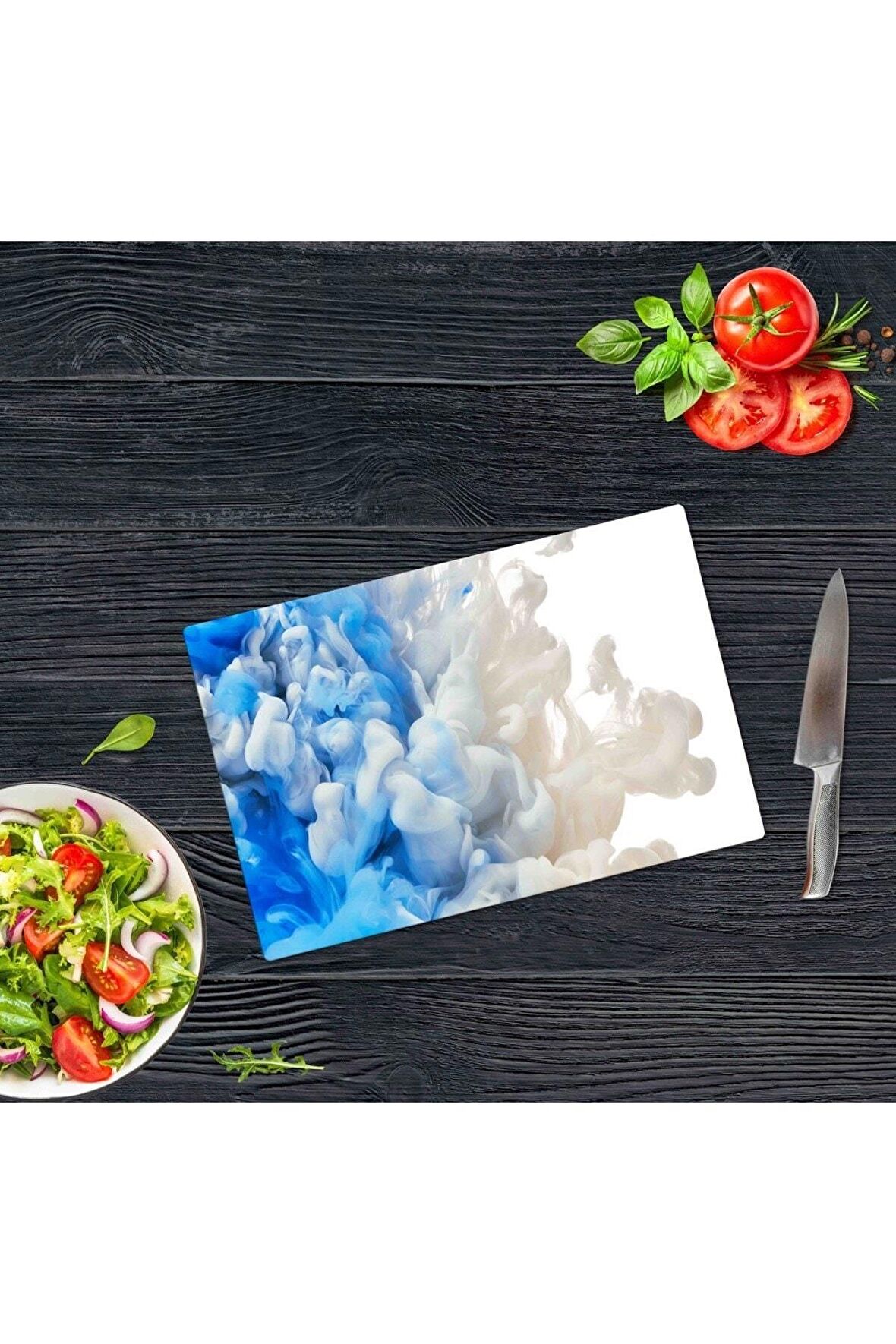 30x40 cm Mavi Duman Desenli Cam Kesim Tablası