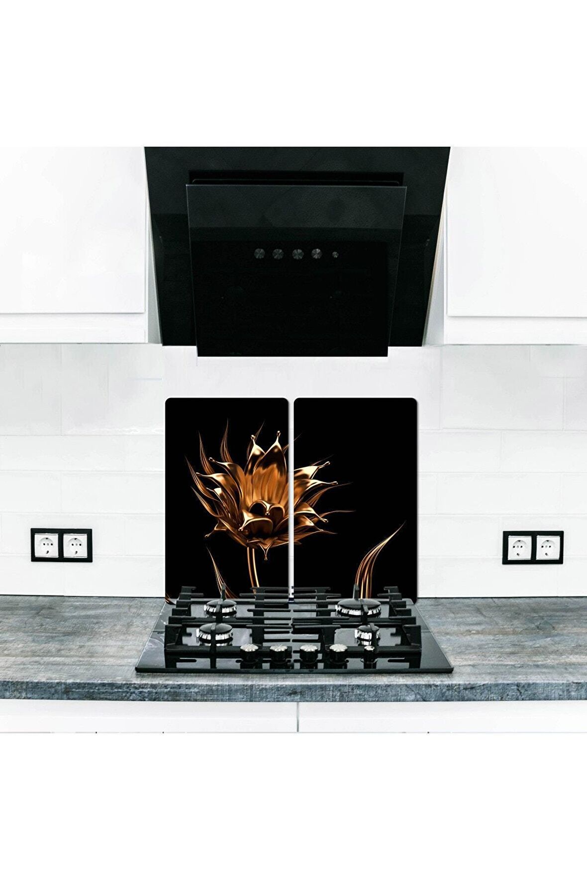  Cam Ocak Koruyucu ve Kesim Tablası Anemon Çiçeği (60cm x 52cm) 2 Parça, 4'lü Ocaklar