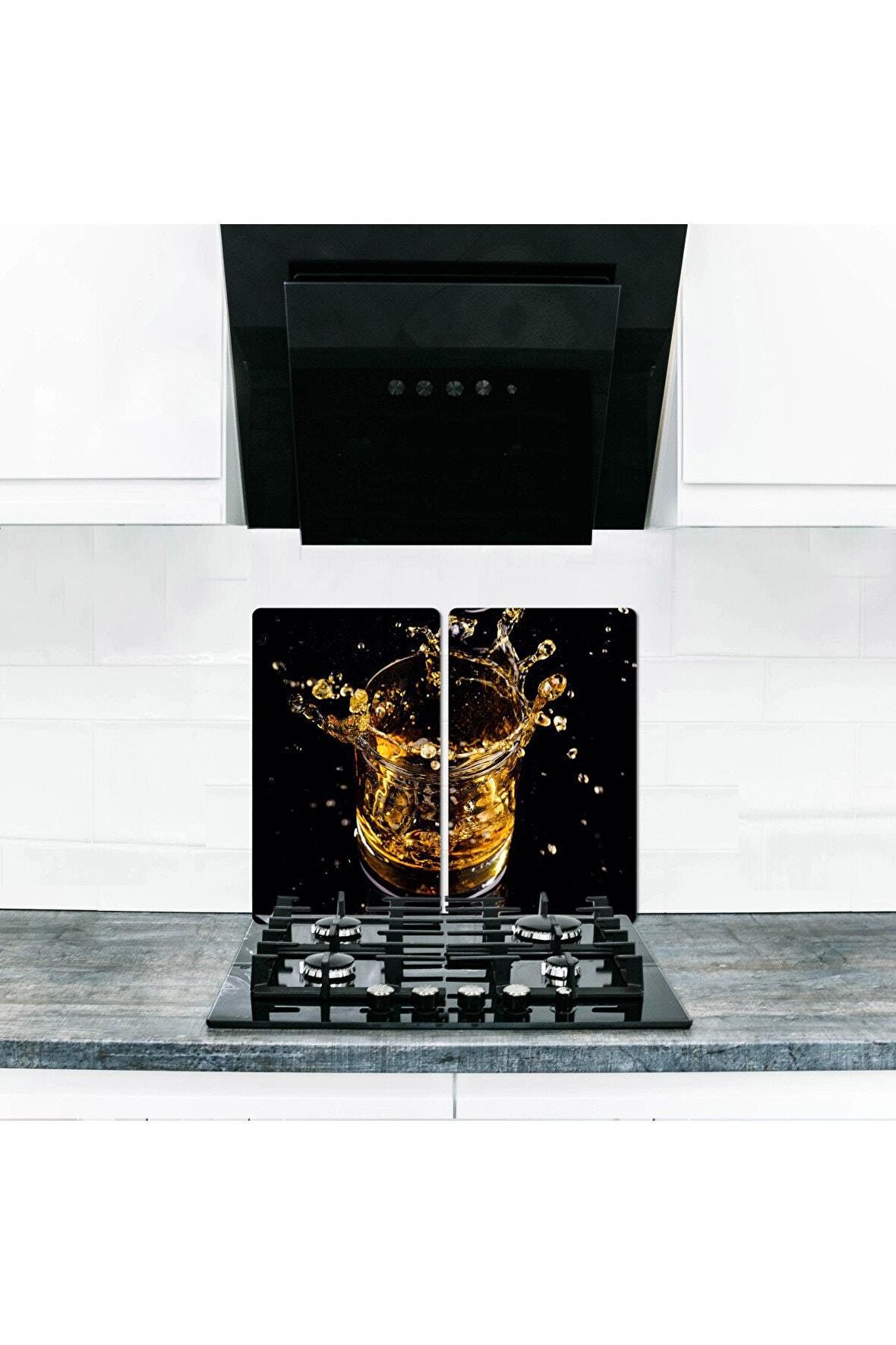  Cam Ocak Koruyucu ve Kesim Tablası Altın Bardak (60cm x 52cm) 2 Parça, 4'lü Ocaklar