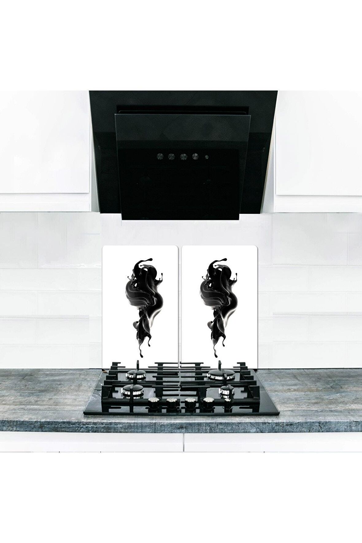  Cam Ocak Koruyucu ve Kesim Tablası Black Civa (60cm x 52cm) 2 Parça, 4'lü Ocaklar