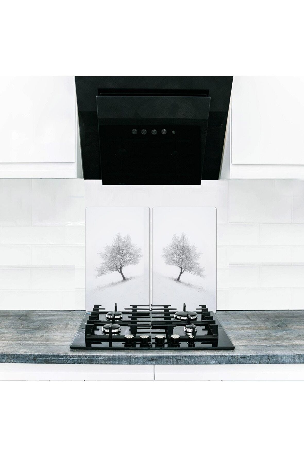  Cam Ocak Koruyucu ve Kesim Tablası Kış (60cm x 52cm) 2 Parça, 4'lü Ocaklar