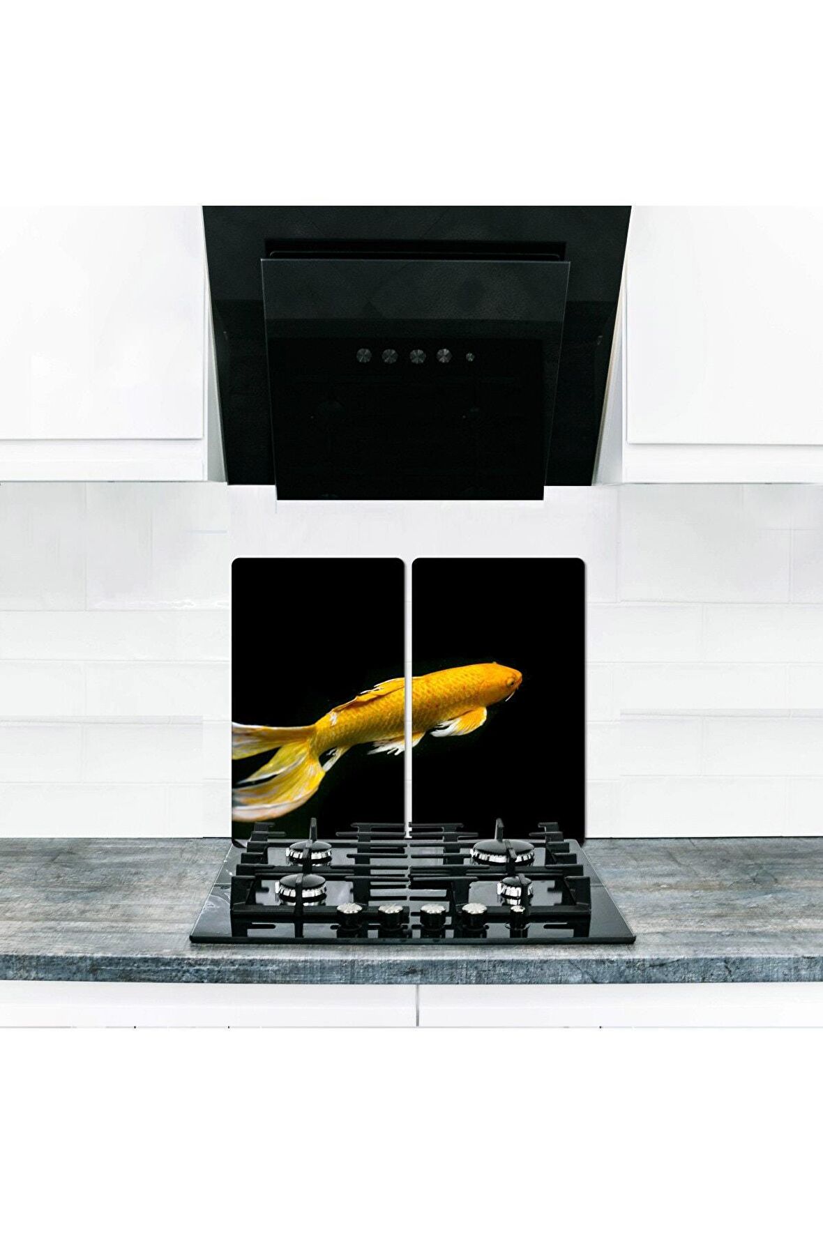  Cam Ocak Koruyucu ve Kesim Tablası Sarı Balık (60cm x 52cm) 2 Parça, 4'lü Ocaklar