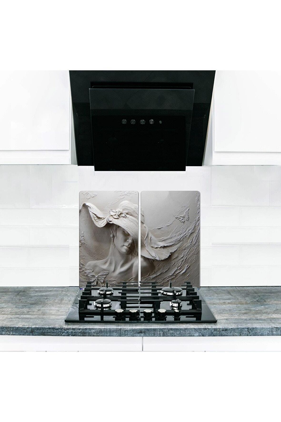  Cam Ocak Koruyucu ve Kesim Tablası Tablo (60cm x 52cm) 2 Parça, 4'lü Ocaklar