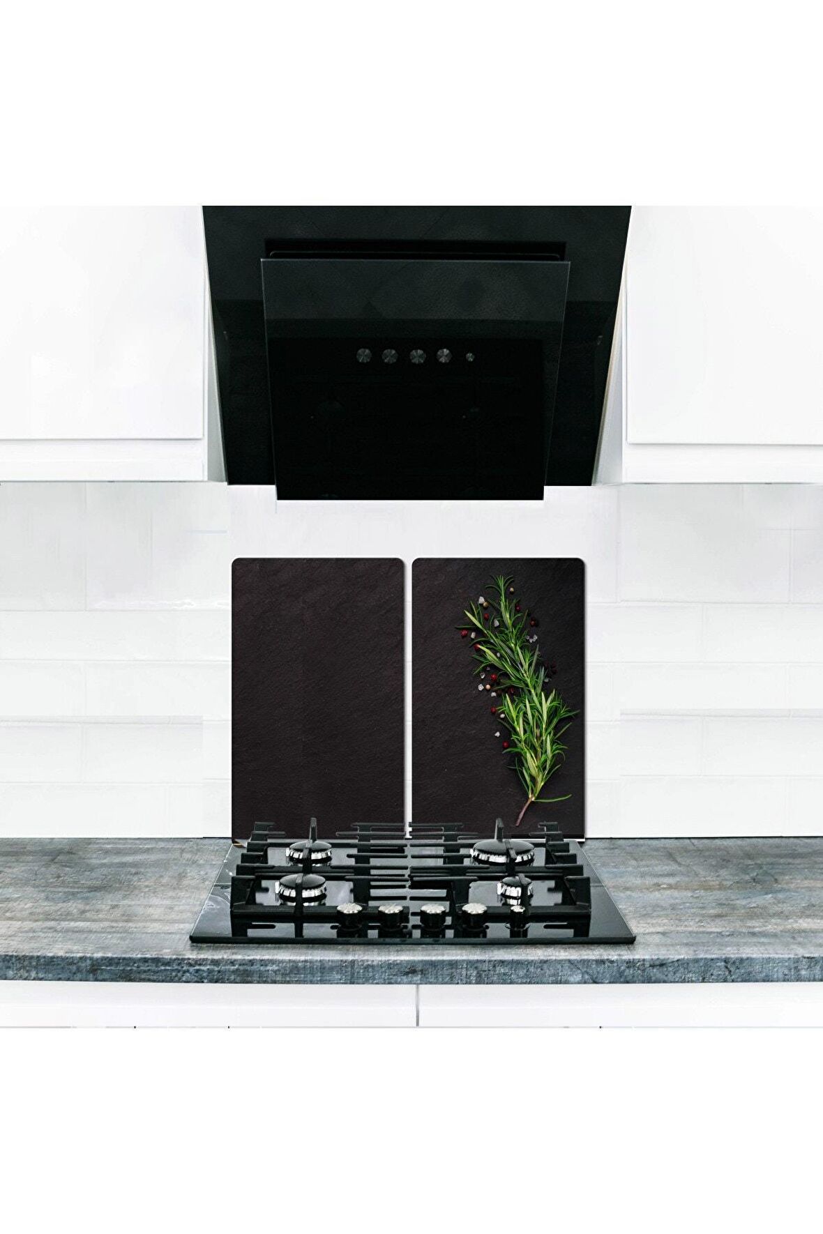  Cam Ocak Koruyucu ve Kesim Tablası Kekik (80cm x 52cm) 2 Parça, 5'li Ocaklar