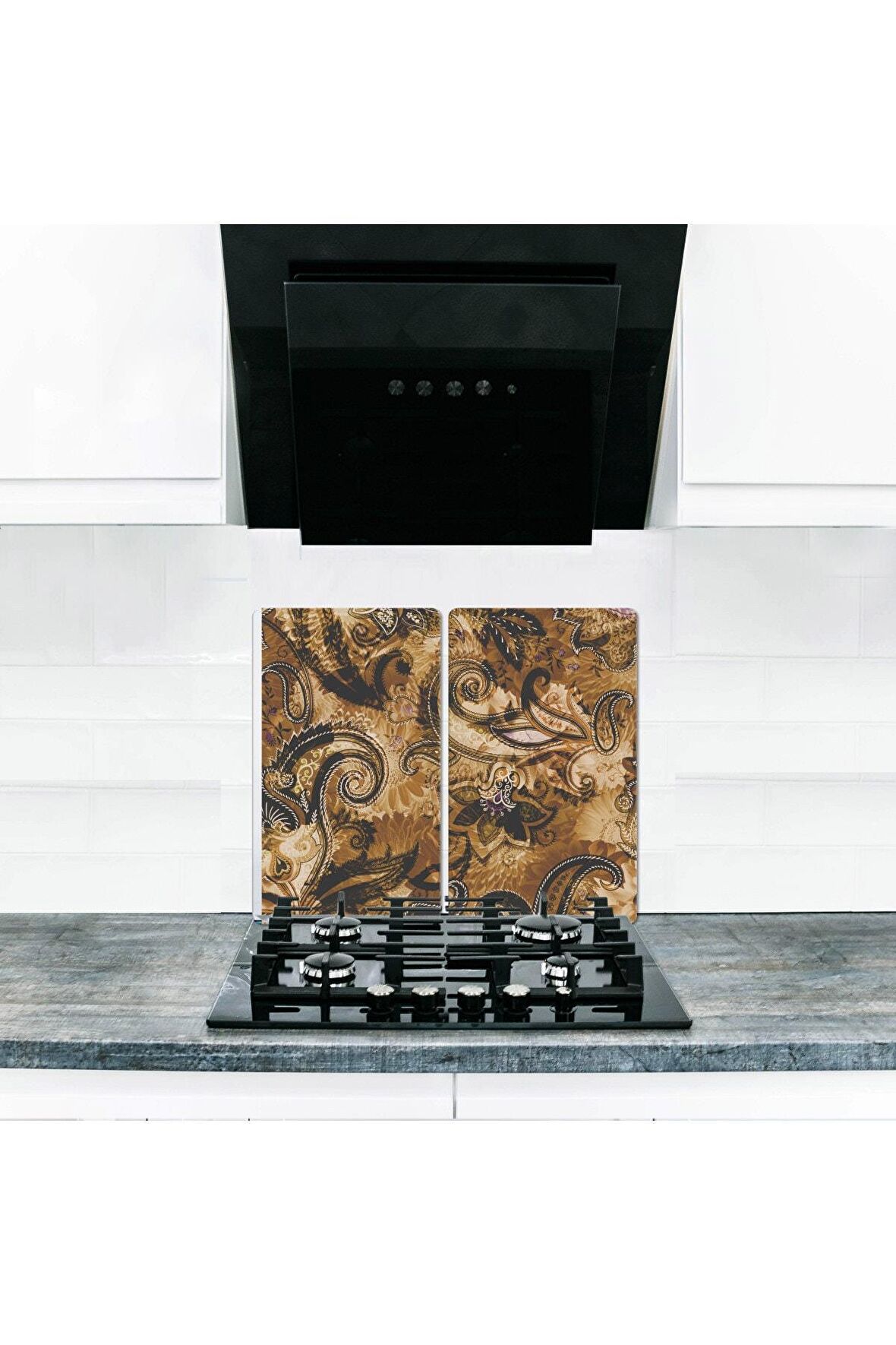  Cam Ocak Koruyucu ve Kesim Tablası Motif (80cm x 52cm) 2 Parça,5'li Ocaklar