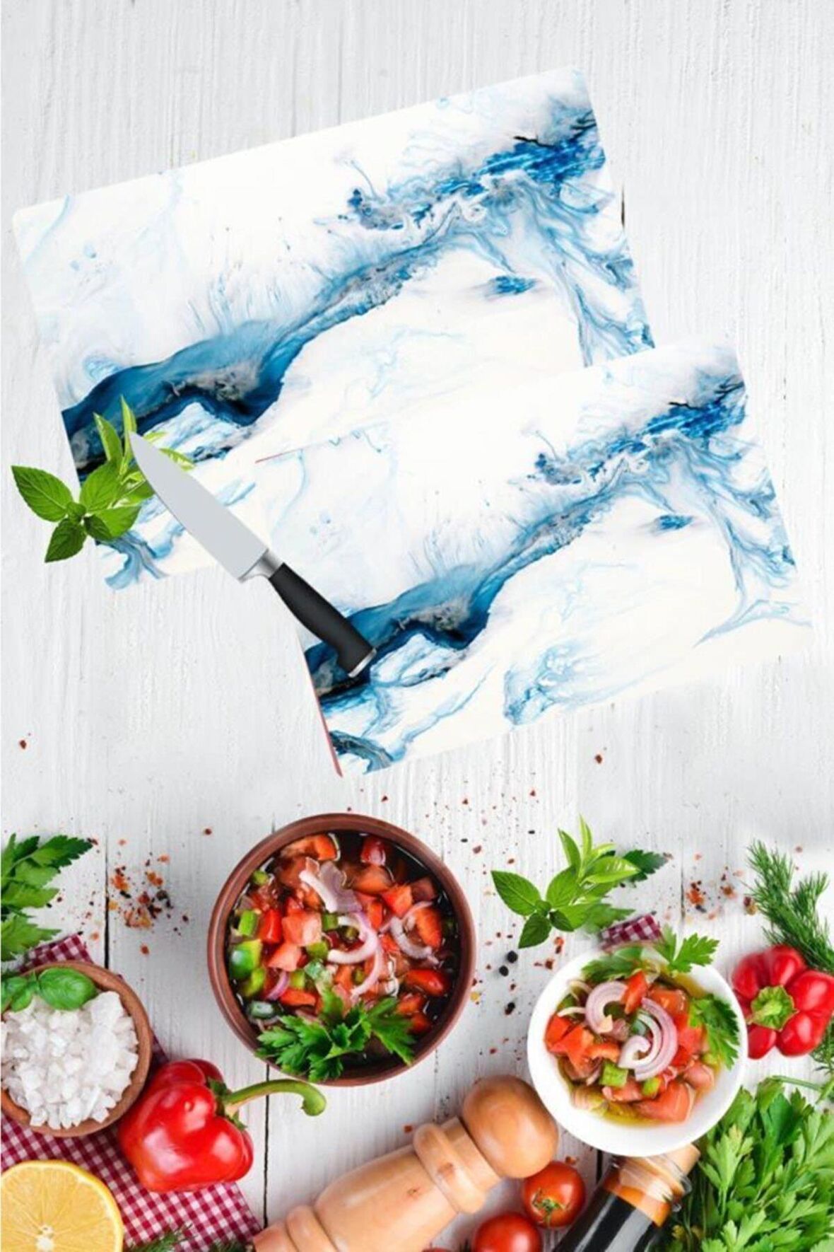 2'li Takım Mavi Deniz Desen Görünümlü Takım Cam Kesme Tahtası - Cam Kesim Tablası 20x30 & 30x40