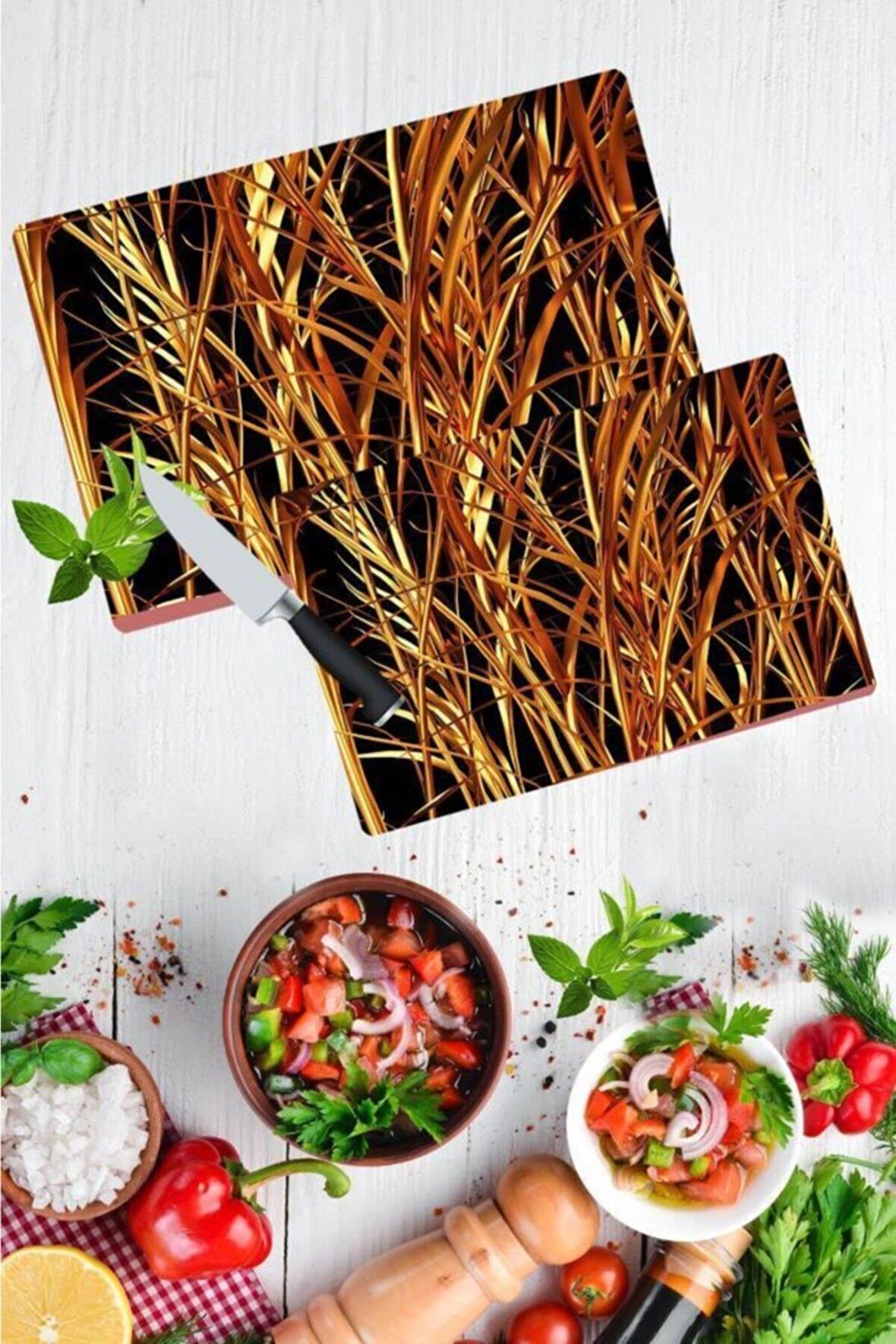 2'li Takım  Altın Dal Desen Görünümlü Takım Cam Kesme Tahtası - Cam Kesim Tablası 20x30 & 30x40