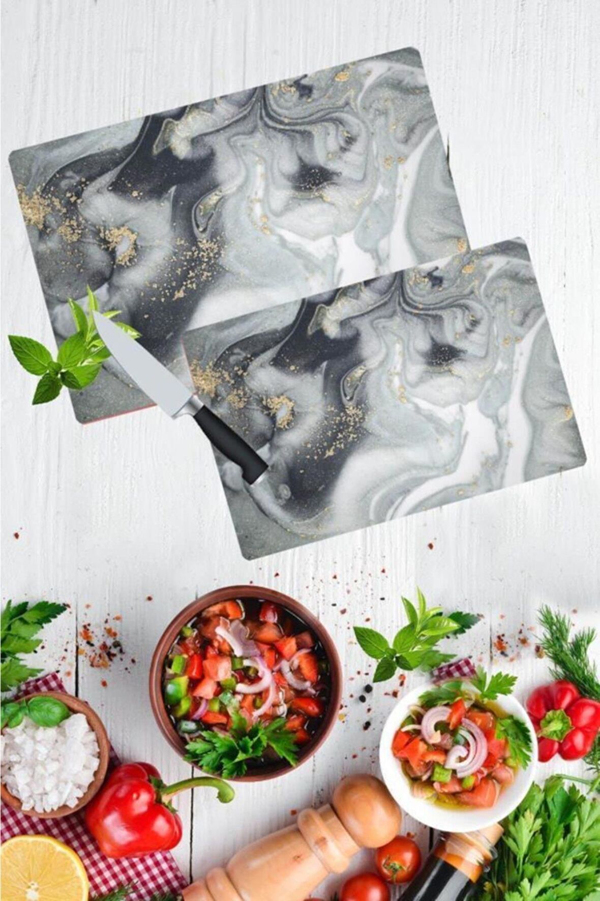 2'li Takım Gri Altın Mermer Görünümlü Takım Cam Kesme Tahtası - Cam Kesim Tablası 20x30 & 30x40