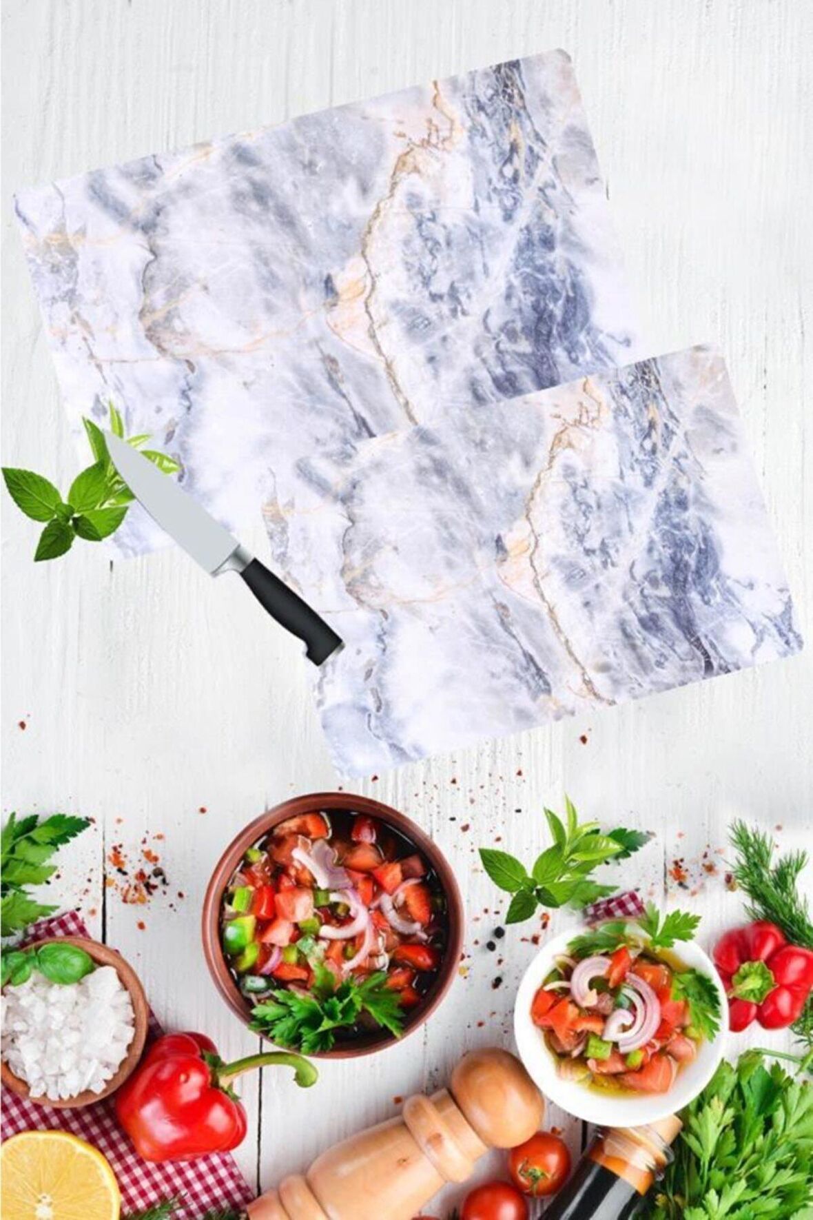 2'li Takım  Mavi Mermer Desen Görünümlü Takım Cam Kesme Tahtası - Cam Kesim Tablası 20x30 & 30x40