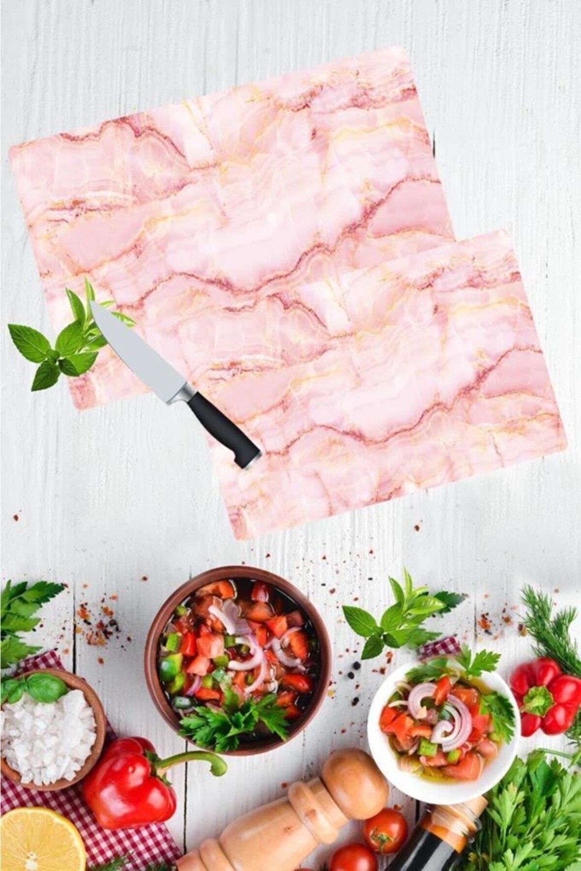 2'li Takım  Pembe Mermer Desen Görünümlü Takım Cam Kesme Tahtası - Cam Kesim Tablası 20x30 & 30x40