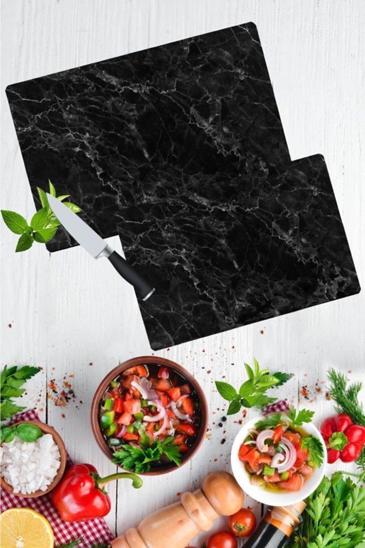 2'li Takım Siyah Mermer Desen Görünümlü Takım Cam Kesme Tahtası - Cam Kesim Tablası 20x30 & 30x40