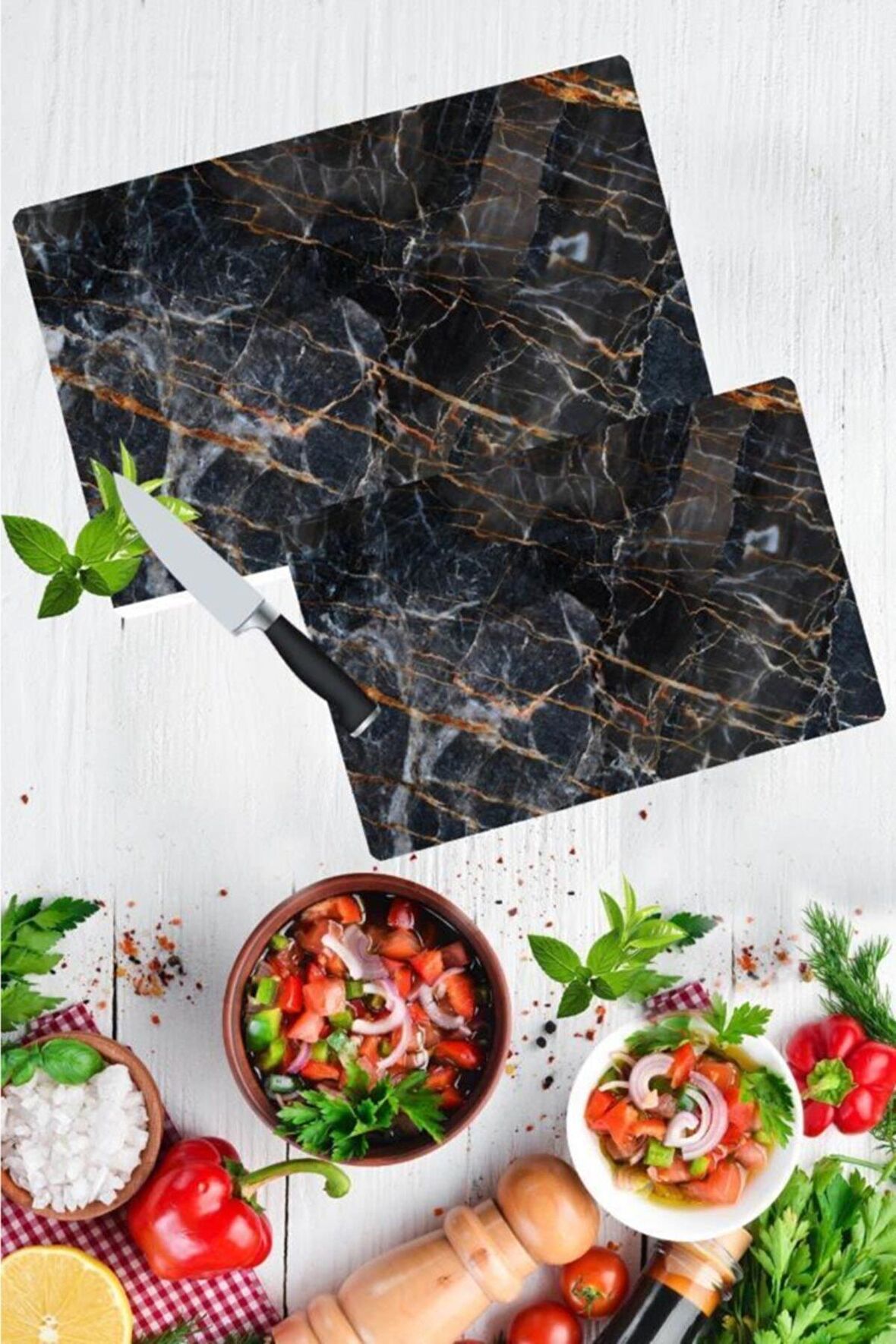 2'li Takım Yaldızlı Mermer Desen Görünümlü Takım Cam Kesme Tahtası - Cam Kesim Tablası 20x30 & 30x40