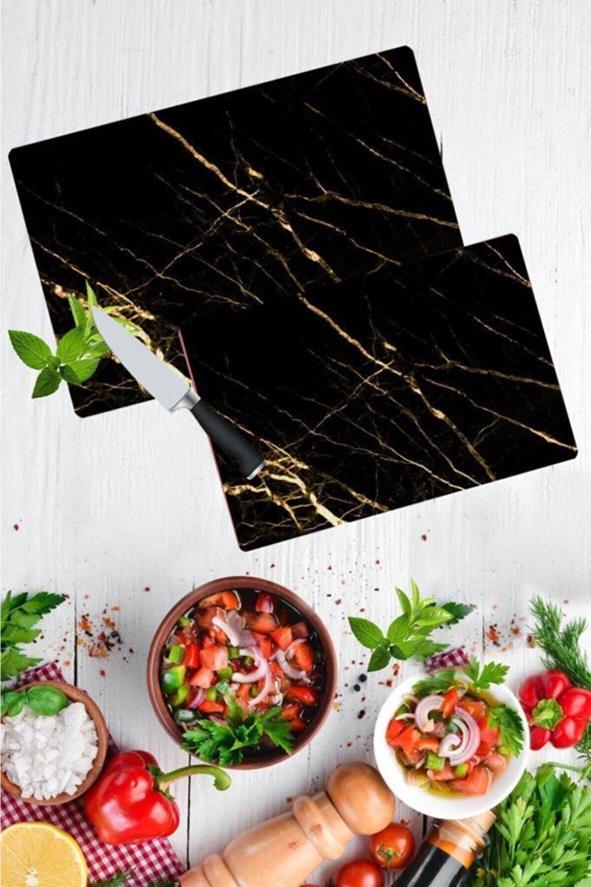 2'li Takım Sarı Altın Desen Görünümlü Takım Cam Kesme Tahtası- Tablası 20x30 & 30x40