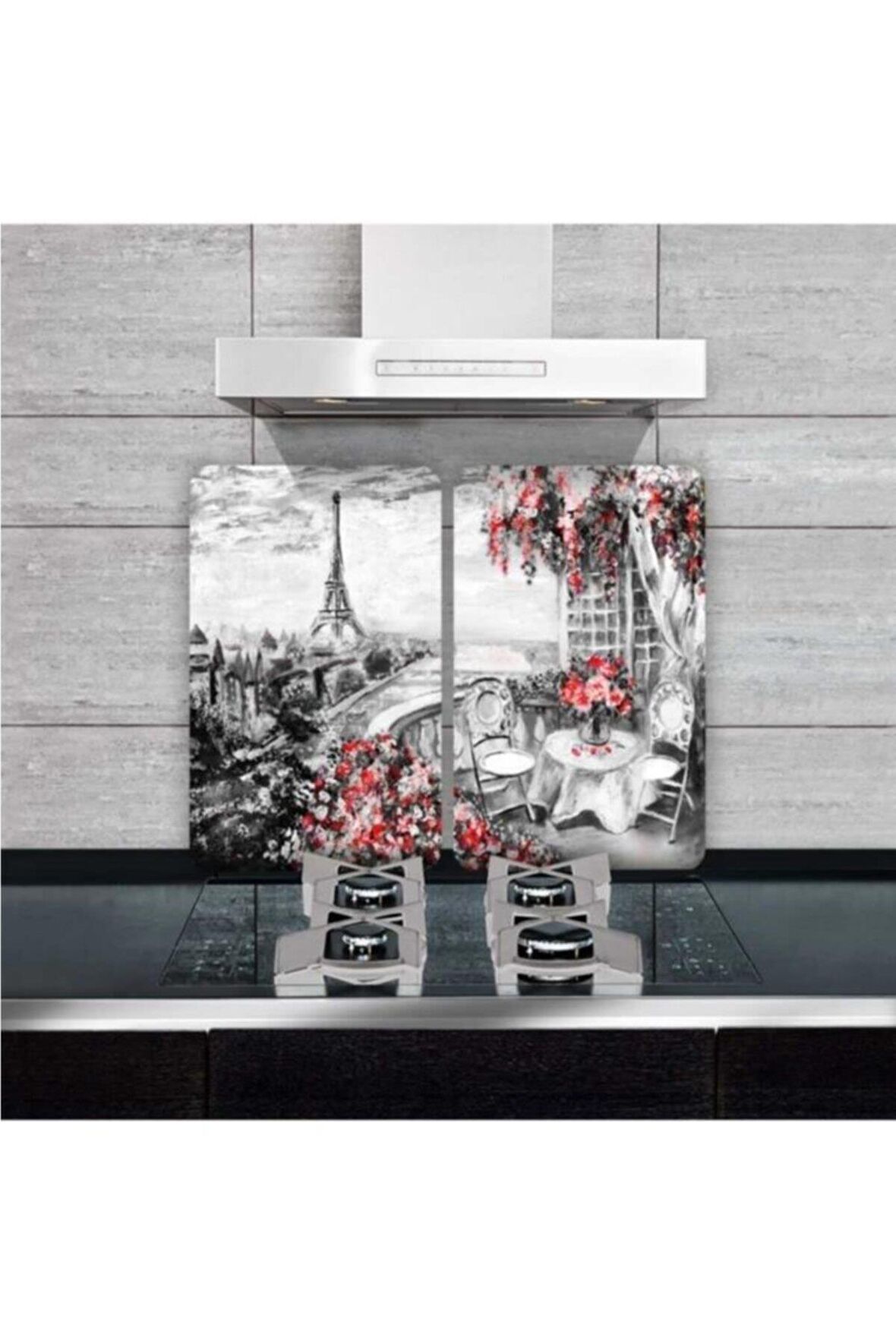 Dekoratif Cam Ocak Koruyucu Ve Kesim Tahtası Paris 60cm X 52cm 2 Parça, 4'lü Ocaklar