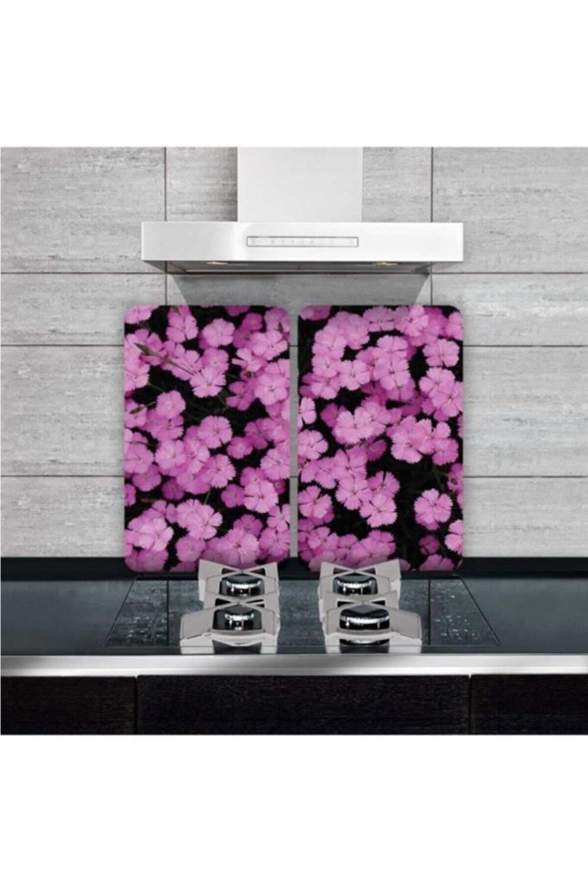 Dekoratif Cam Ocak Koruyucu Ve Kesim Tahtası Çoklu Mor Çiçekler 60cm X 52cm 2 Parça, 4'lü Ocaklar