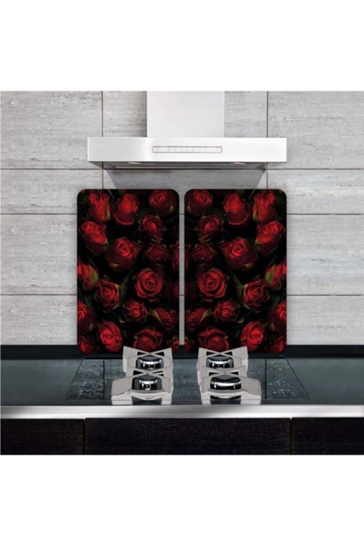 Dekoratif Cam Ocak Koruyucu Ve Kesim Tahtası Siyah Kırmızı Güller 60cm X 52cm 2 Parça, 4'lü Ocaklar