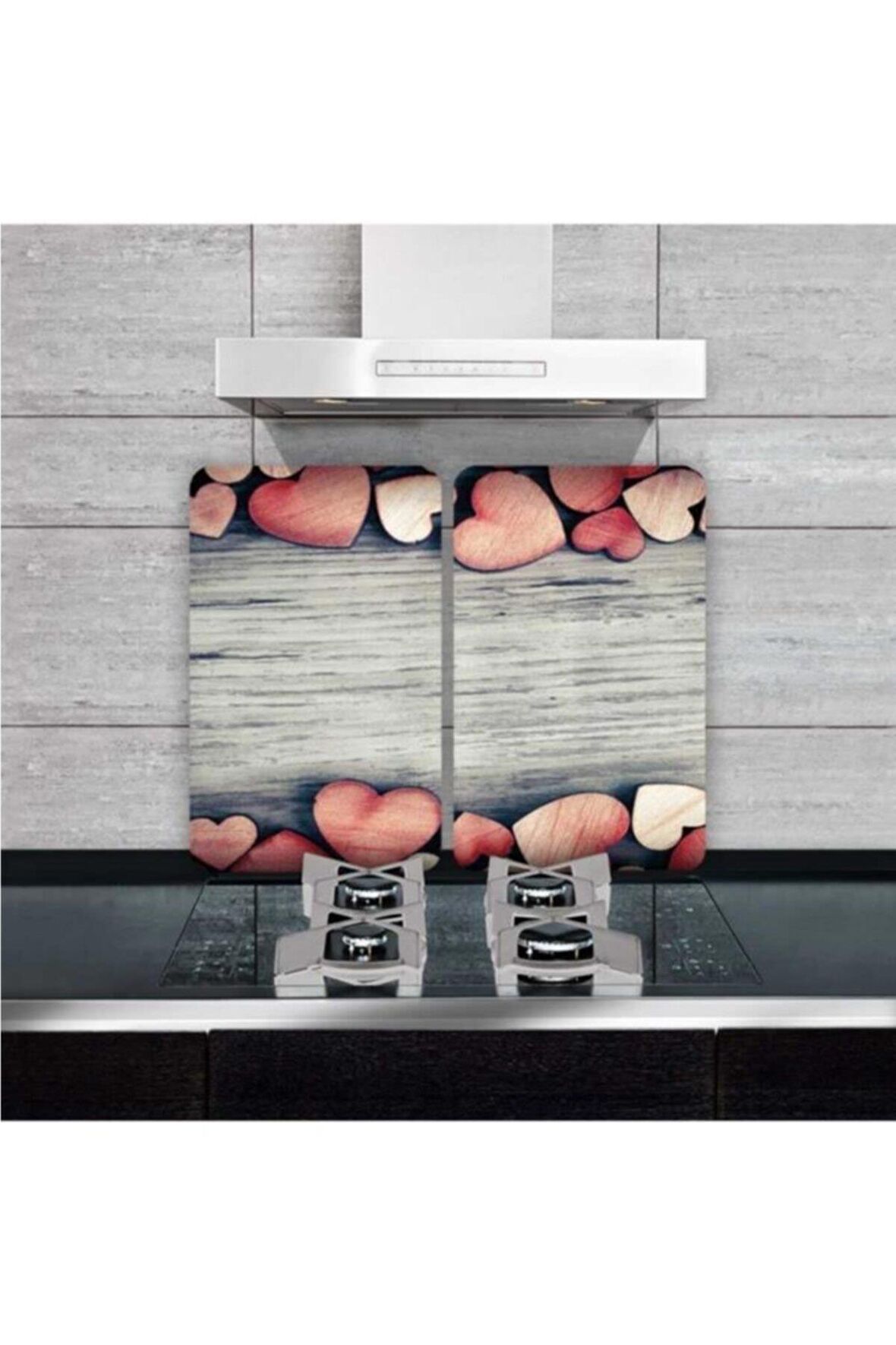 Dekoratif Cam Ocak Koruyucu Ve Kesim Tahtası Dokulu Kalpler 60cm X 52cm 2 Parça, 4'lü Ocaklar