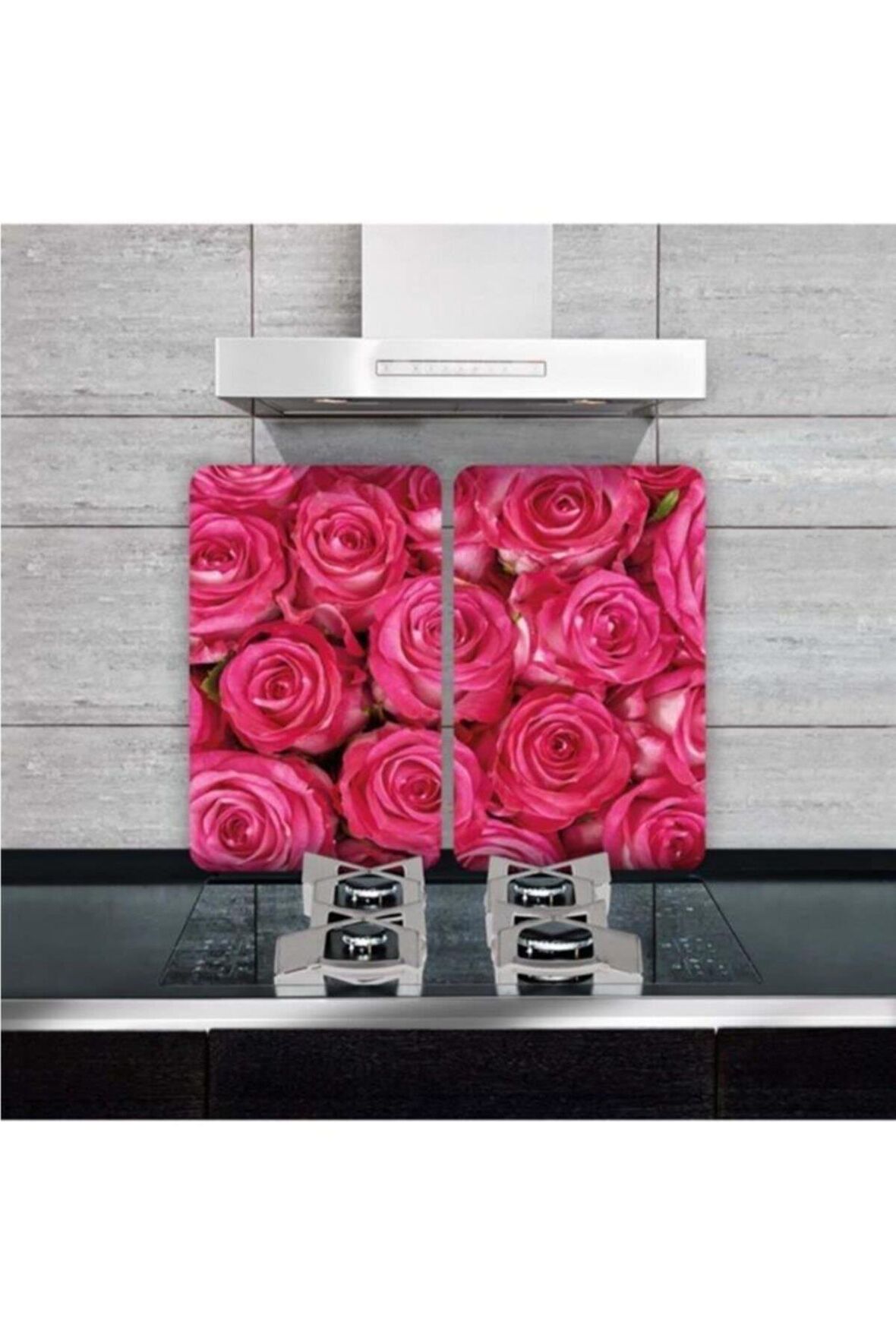 Dekoratif Cam Ocak Koruyucu Ve Kesim Tahtası Koyu Pembe Güller 60cm X 52cm 2 Parça, 4'lü Ocaklar