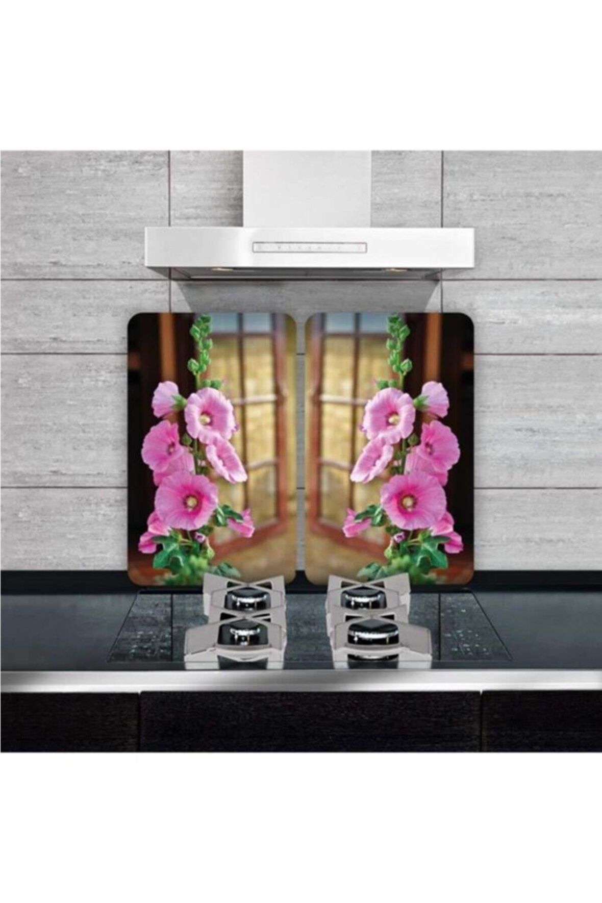 Cam Ocak Koruyucu Ve Kesim Tablası Yeşil Pembe Çiçekler (60cm X 52cm) 2 Parça, 4'lü Ocaklar