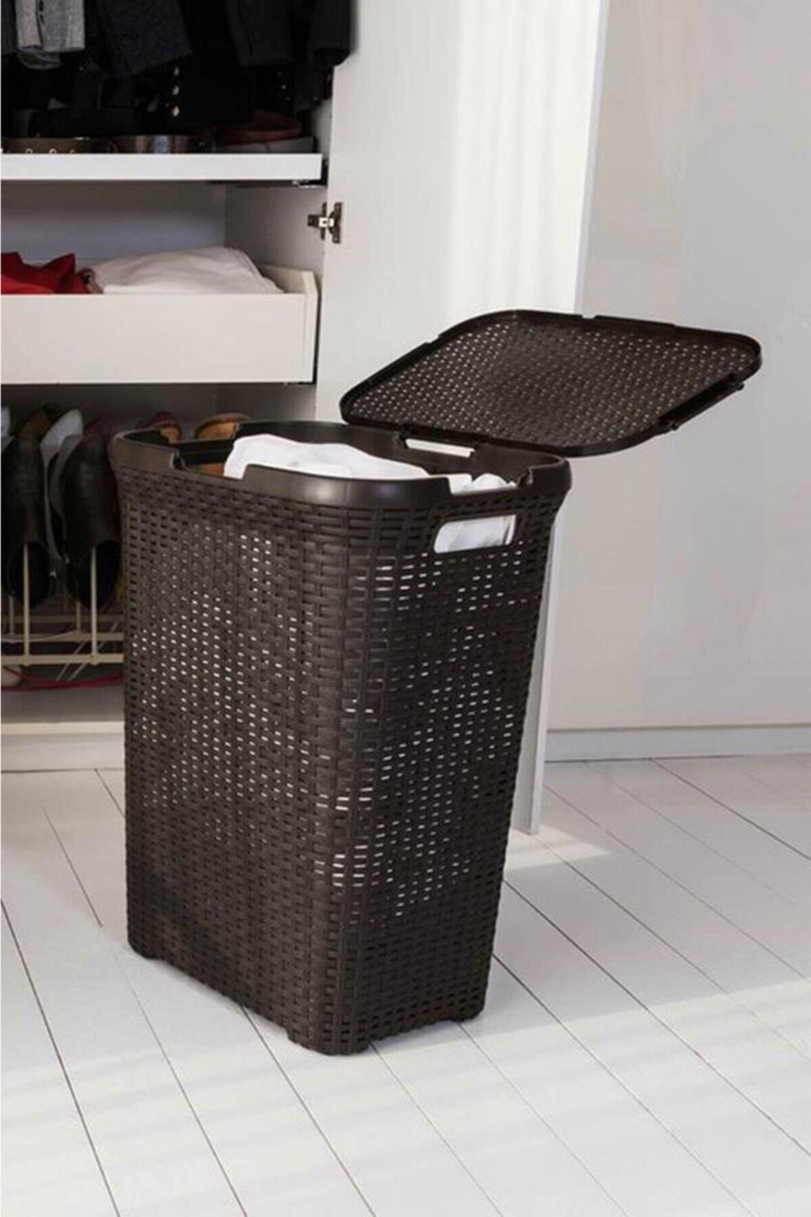 Hasır Desenli Plastik Çamaşır Sepeti Kahverengi