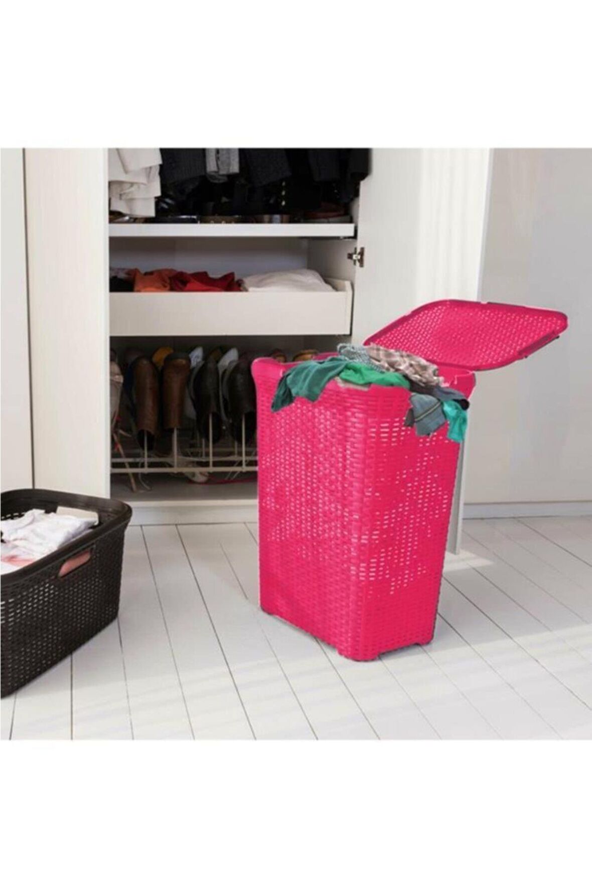 Hasır Desenli Plastik Çamaşır Sepeti Pembe