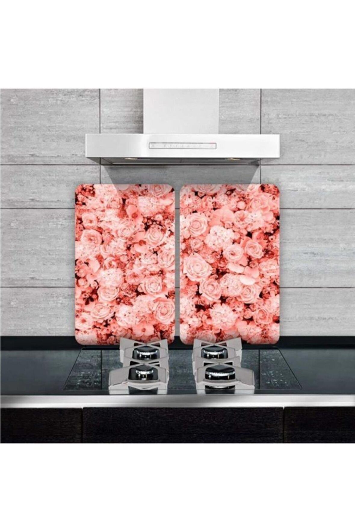 Cam Ocak Koruyucu Ve Kesim Tablası Çoklu Güller (80cm X 52cm) 2 Parça, 5'li Ocaklar
