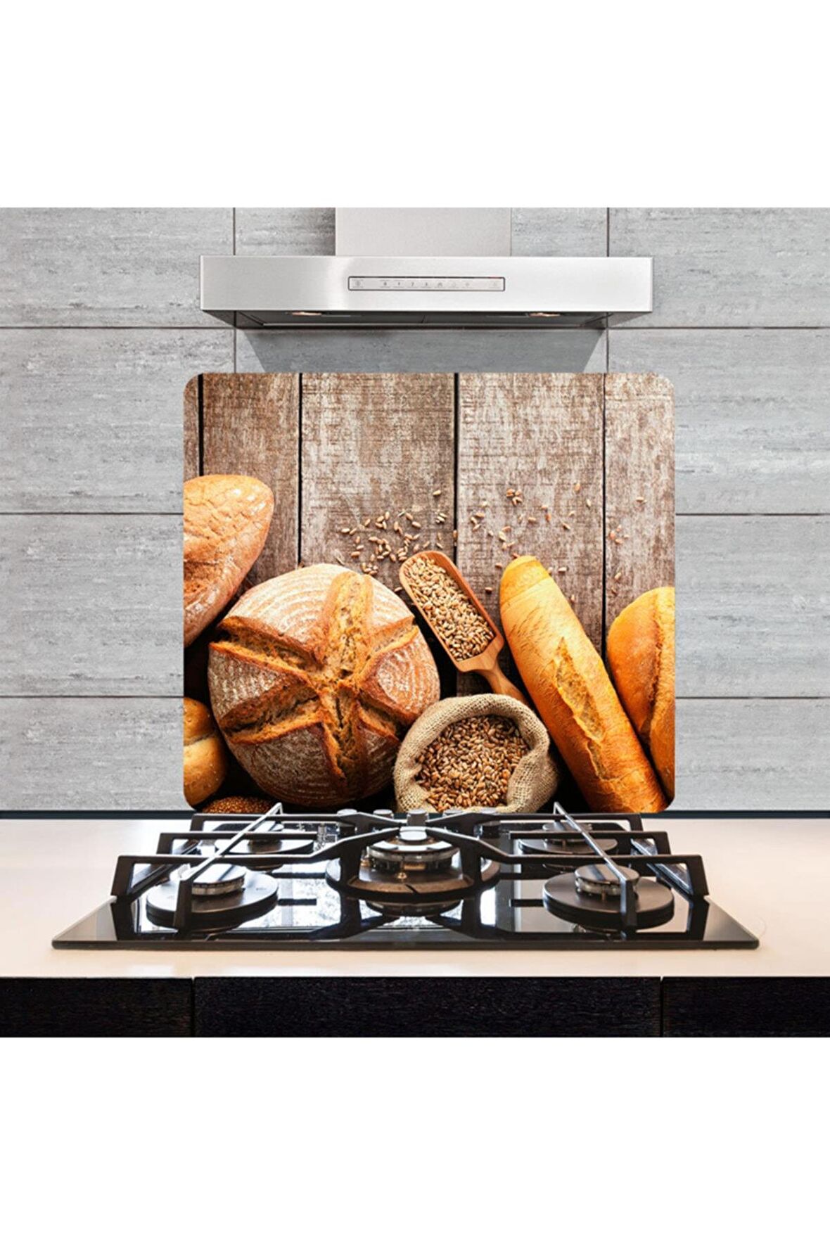 Dekoratif Cam Ocak Arkası Koruyucu ve Kesme Tahtası Ekmek (50cm x 56cm) Tek Parça