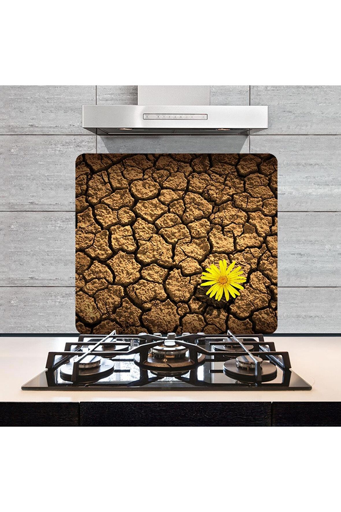 Dekoratif Cam Ocak Arkası Koruyucu ve Kesme Tahtası Toprak (50cm x 56cm) Tek Parça