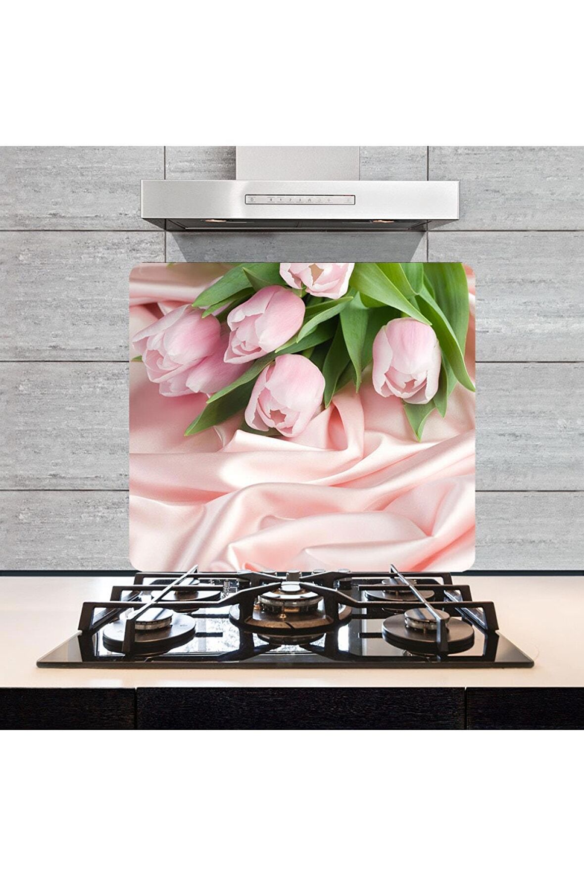 Dekoratif Cam Ocak Arkası Koruyucu ve Kesme Tahtası Pembe Güller (50cm x 56cm) Tek Parça