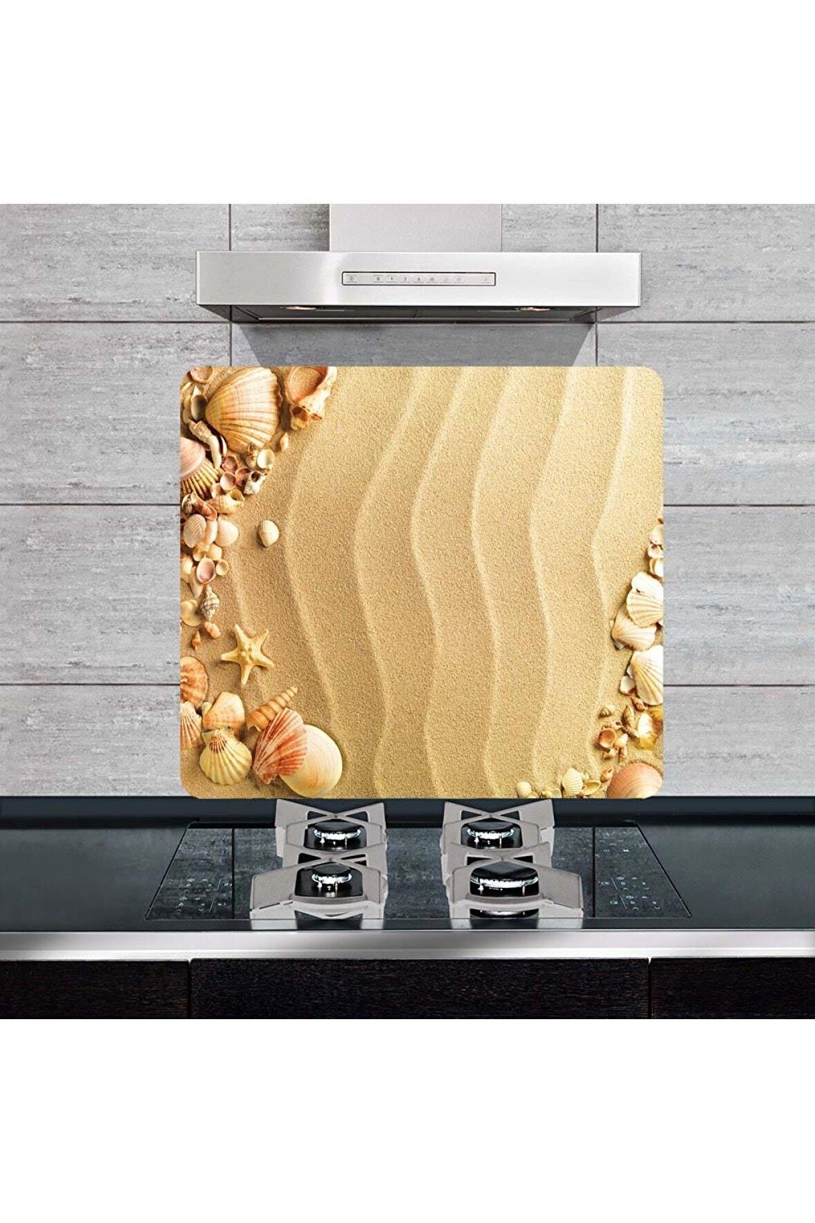 Dekoratif Cam Ocak Arkası Koruyucu ve Kesme Tahtası Kumsal  (50cm x 56cm) Tek Parça