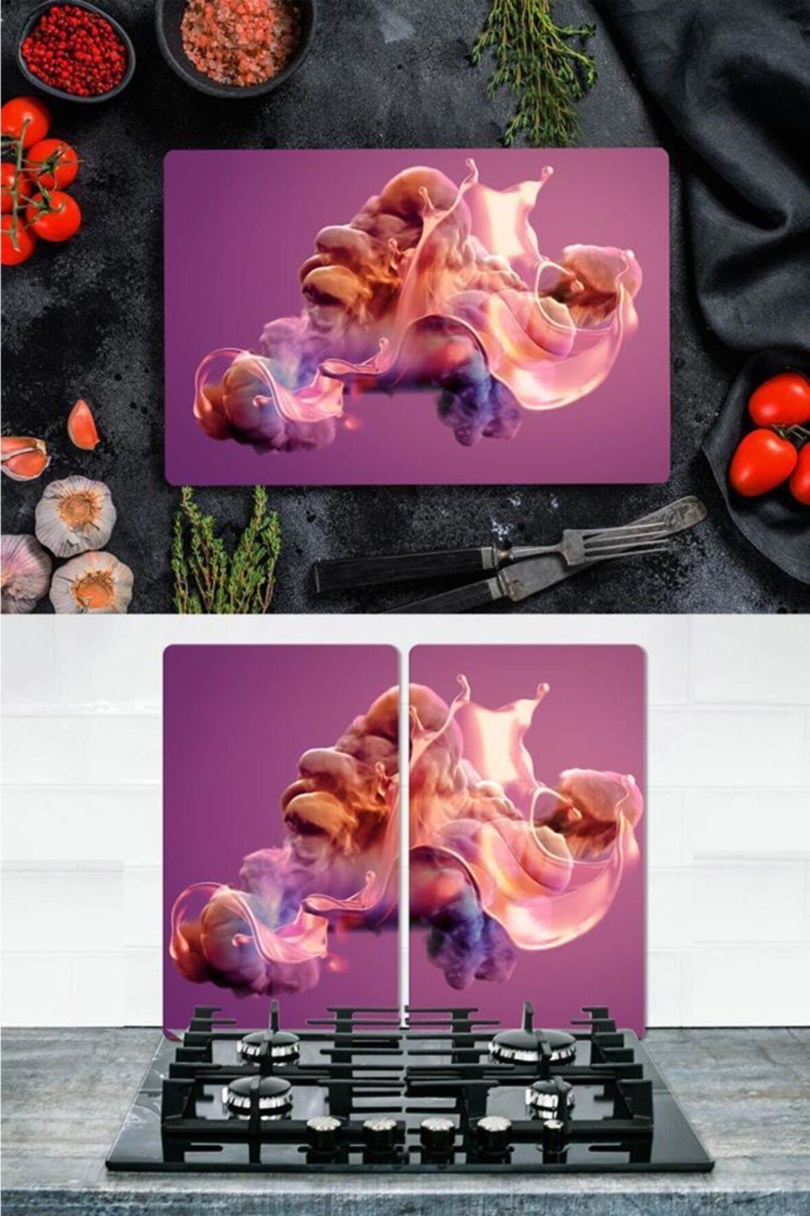 Takım Halinde Mor Tablo 20x30 cm Kesme Tablası ve 60x52cm Cam Ocak Koruyucu 4'lü Ocaklar