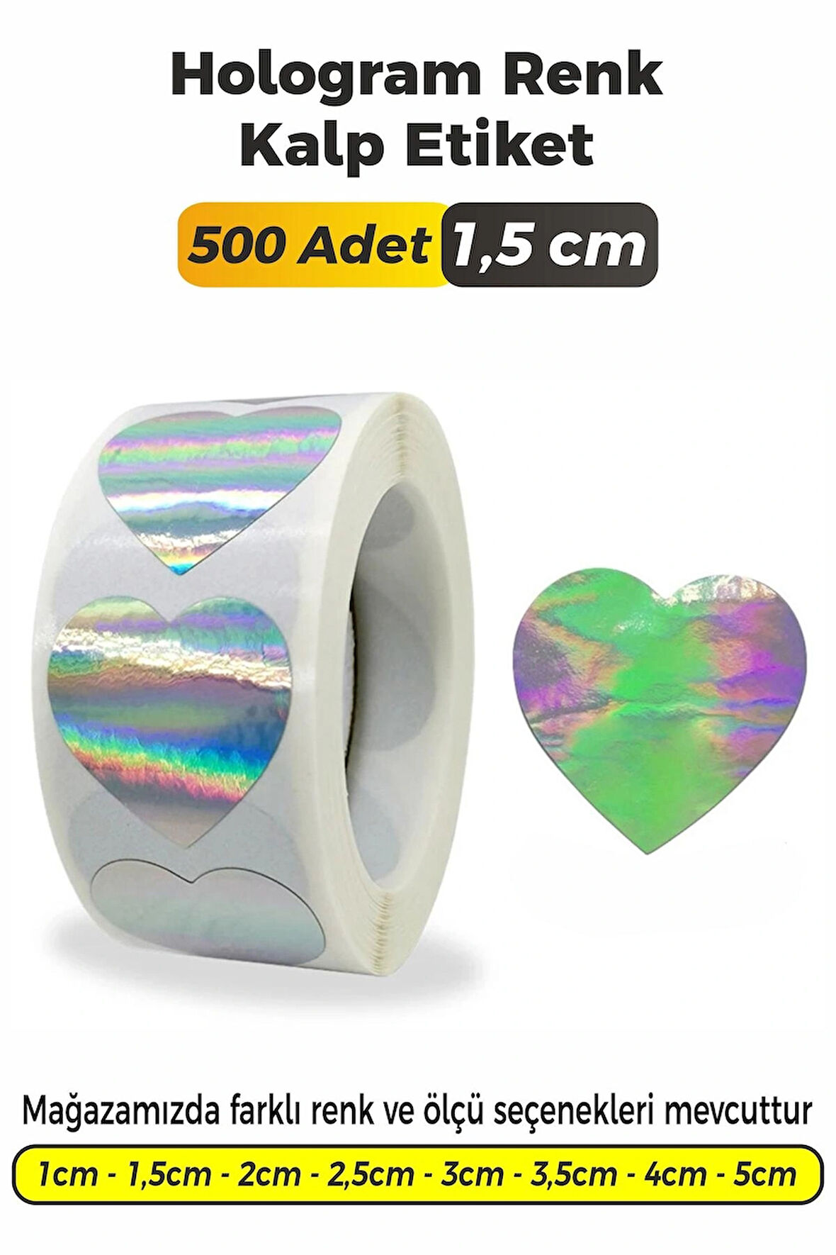 Kalp Kesim Hologram Renk Etiket - 1,5cm 500 Adet
