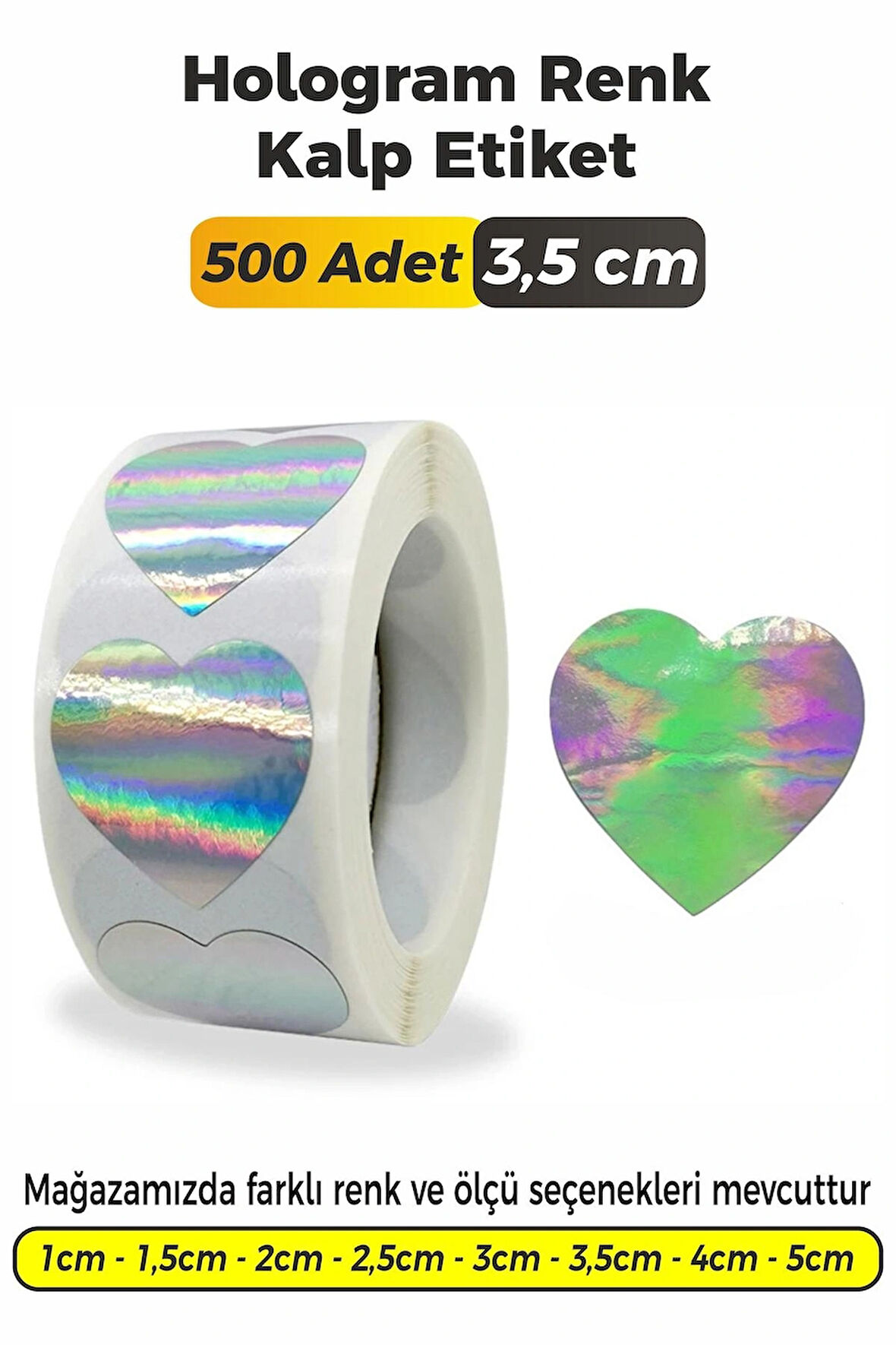 Kalp Kesim Hologram Renk Etiket - 3,5cm 500 Adet