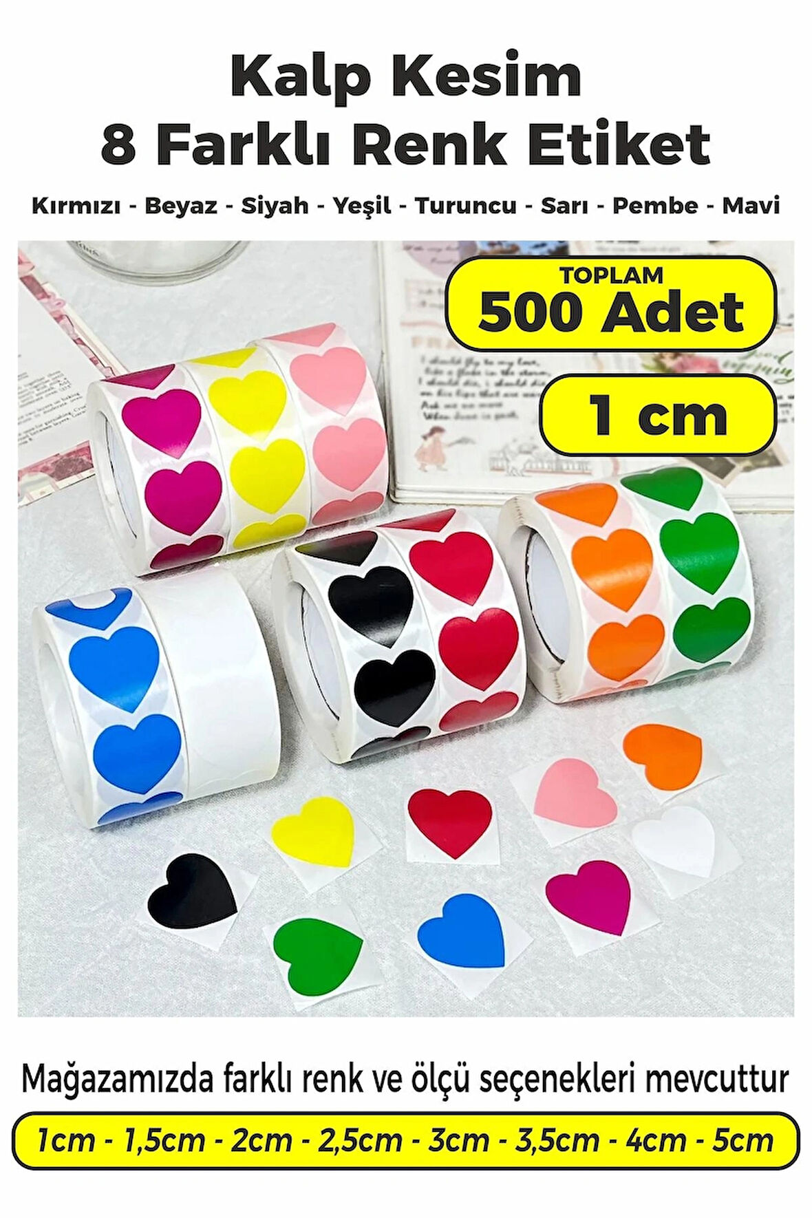 Kalp Kesim Karışık Renk Renk Etiket - 1cm 500 Adet