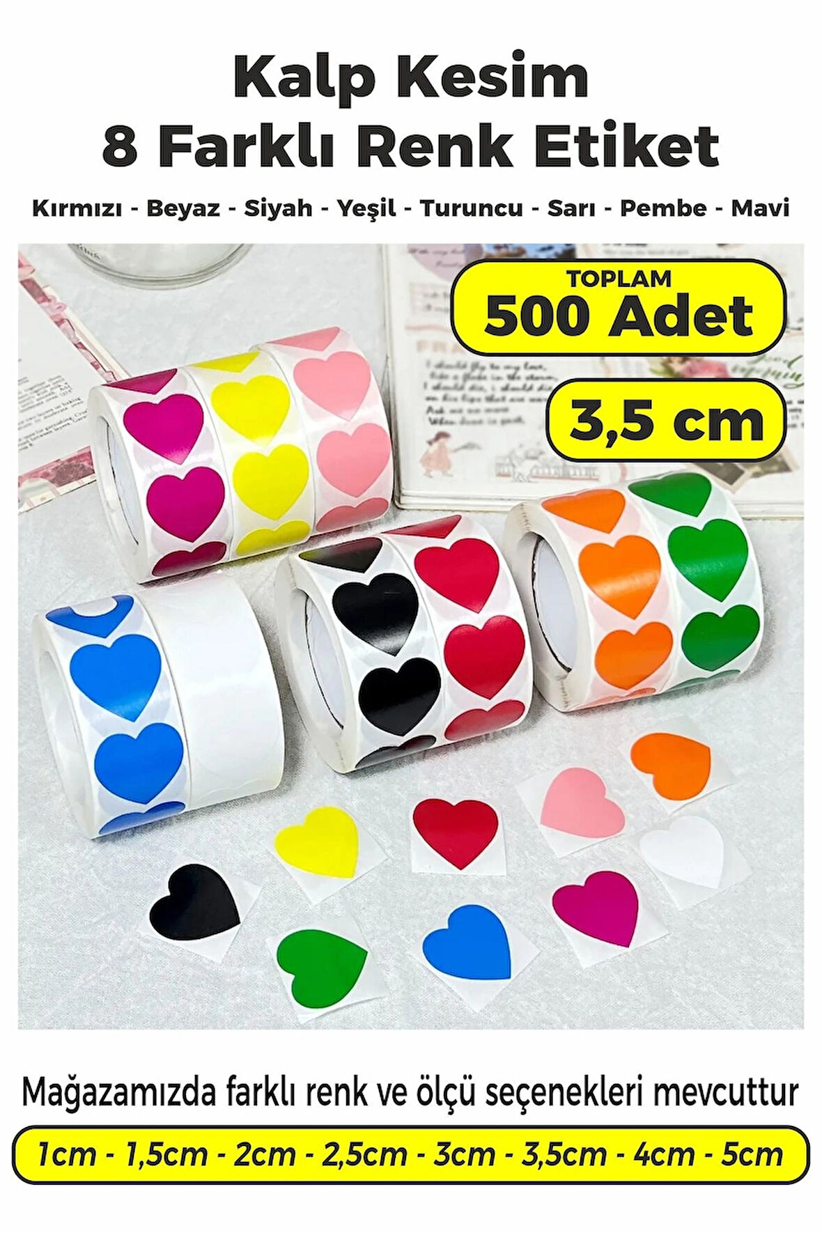 Kalp Kesim Karışık Renk Renk Etiket - 3,5cm 500 Adet