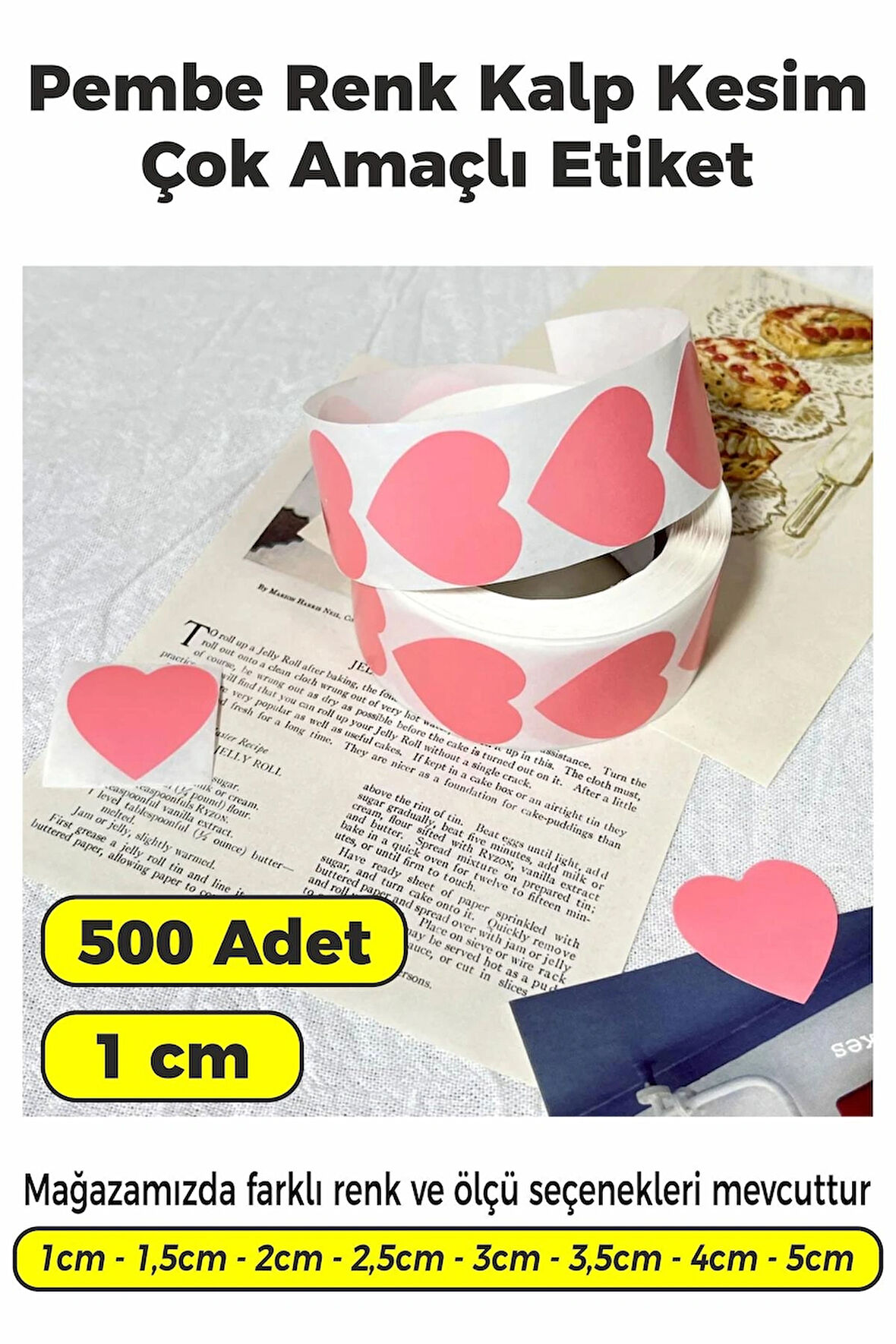 Kalp Kesim Pembe Renk Etiket - 1cm 500 Adet