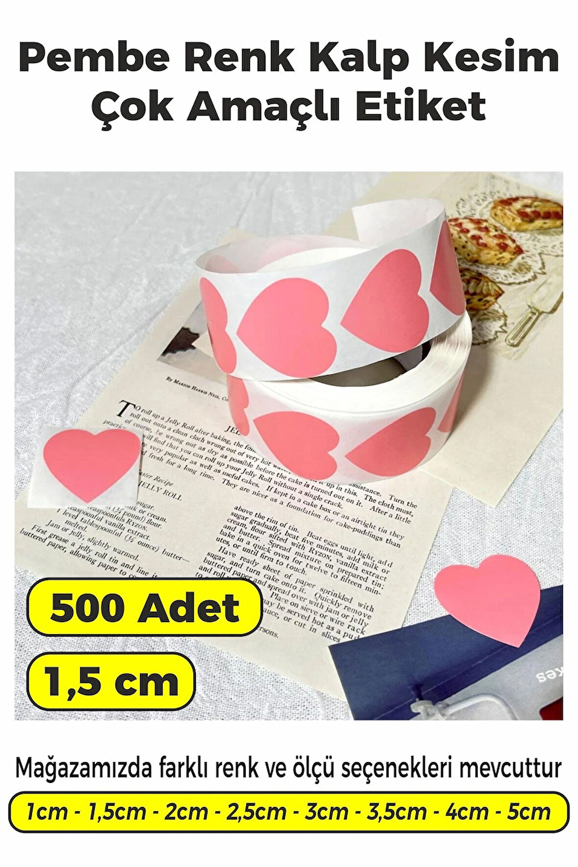 Kalp Kesim Pembe Renk Etiket - 1,5cm 500 Adet