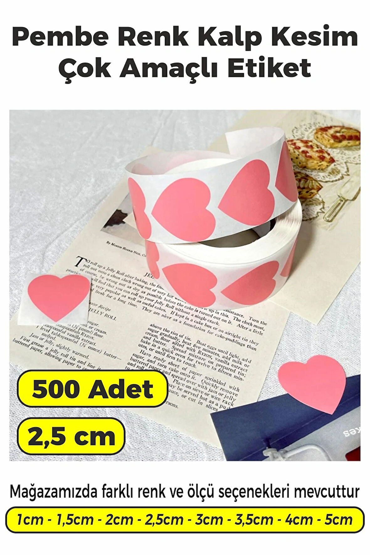 Kalp Kesim Pembe Renk Etiket - 2,5cm 500 Adet