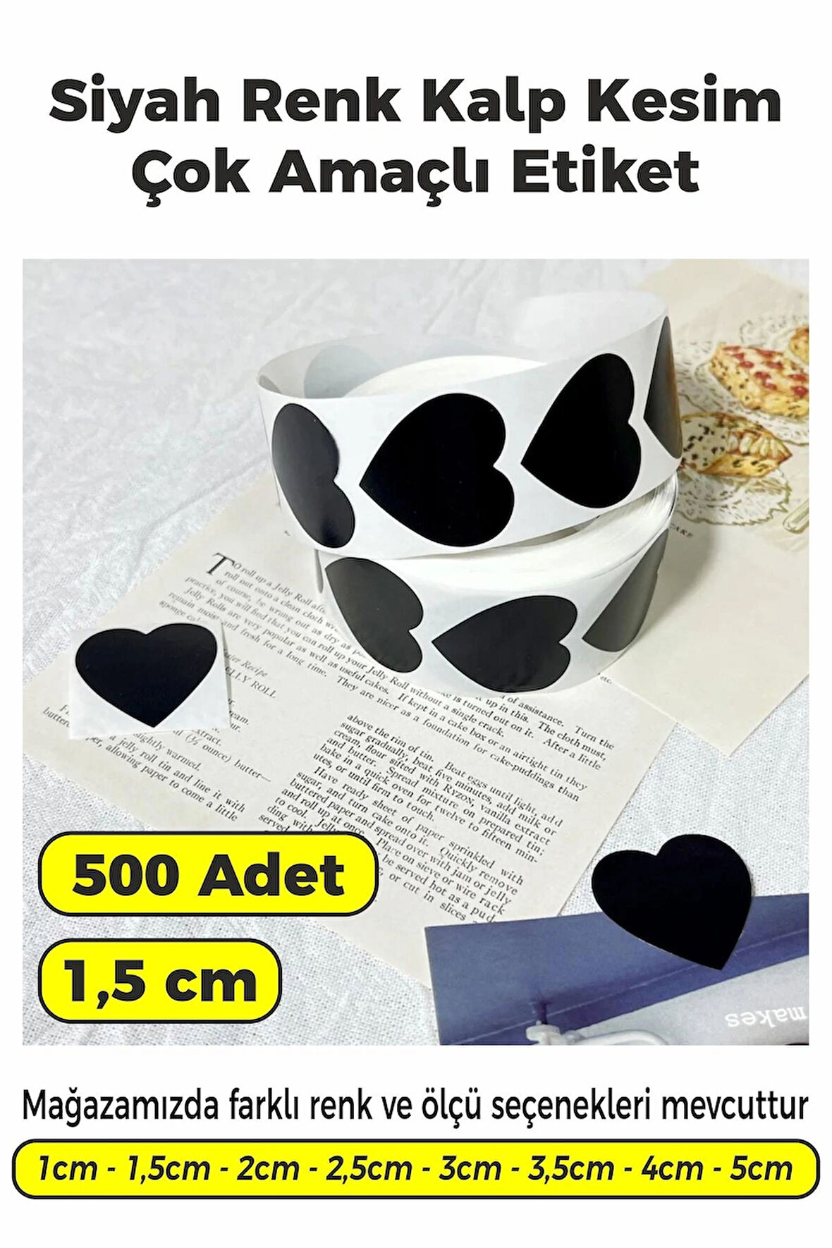 Kalp Kesim Siyah Renk Etiket - 1,5cm 500 Adet
