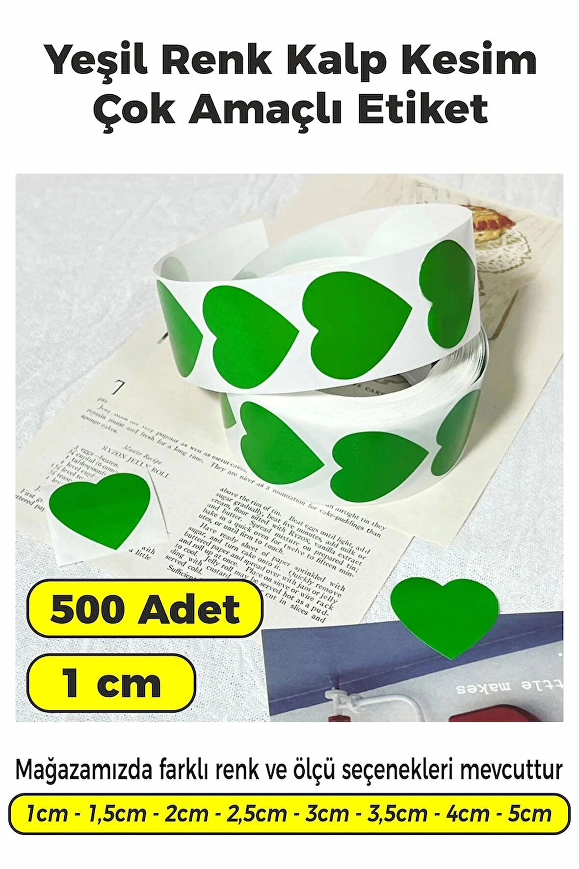 Kalp Kesim Yeşil Renk Etiket - 1cm 500 Adet