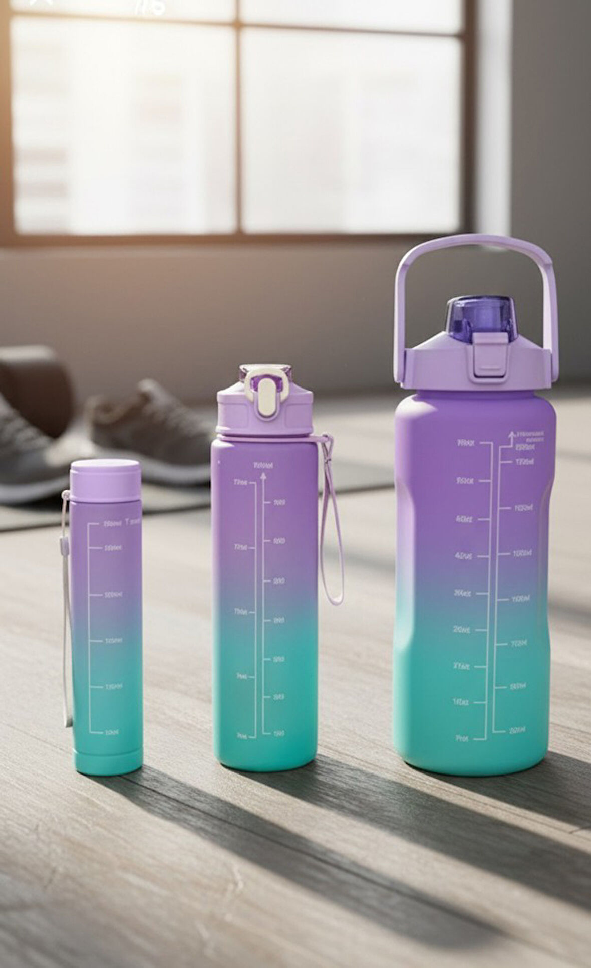 Mor, 3’lü Set - Sticker’lı Pipetli Matara Seti - 2000ml,900ml,300ml