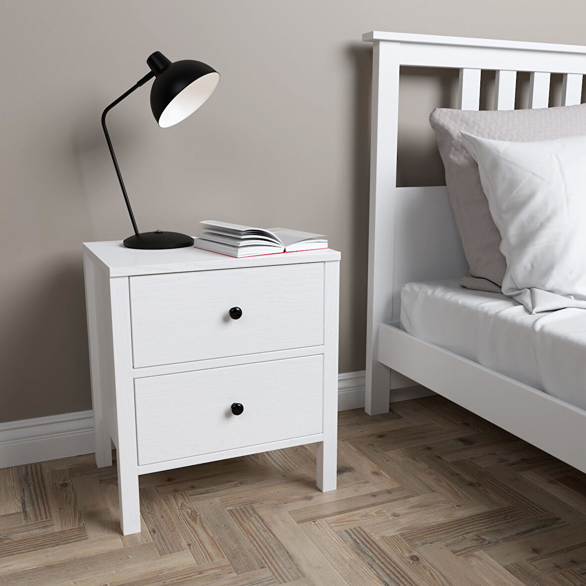 Venezia 2 Çekmeceli  Ahşap Ayaklı Premium Komodin - Minifiks - Wood Beyaz