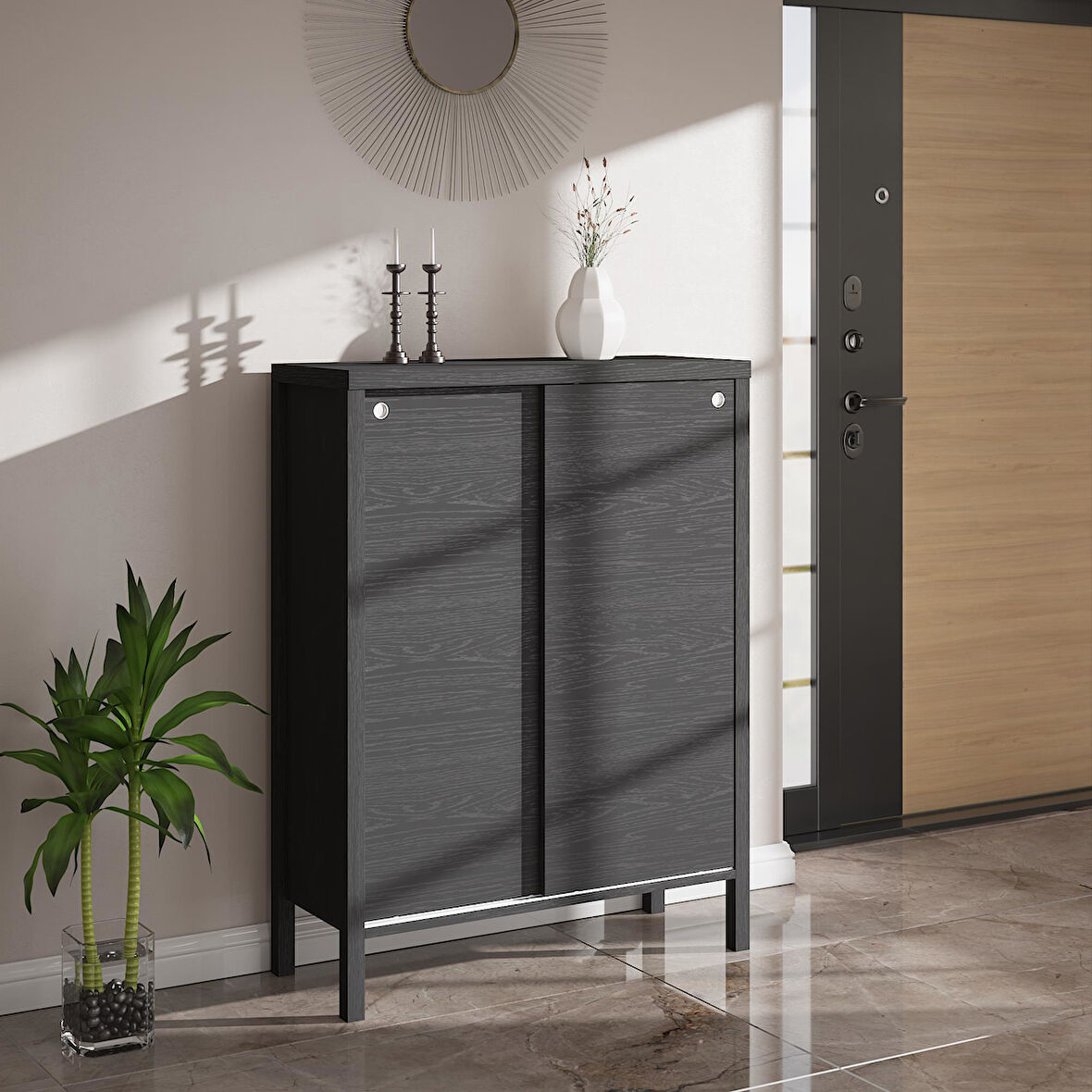 Venezia 2 Sürgülü Kapaklı, Ahşap Ayaklı, Premium Ayakkabılık, Çok Amaçlı Dolap - Minifiks - Wood Siyah
