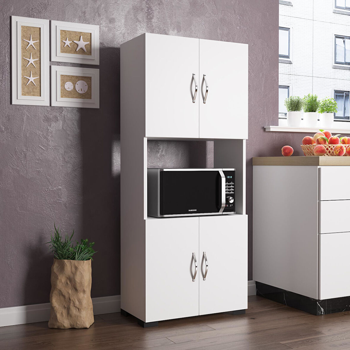 Arma 4 Kapaklı 4 Raflı Fırın Bölmeli Çok Amaçlı Dolap - Beyaz