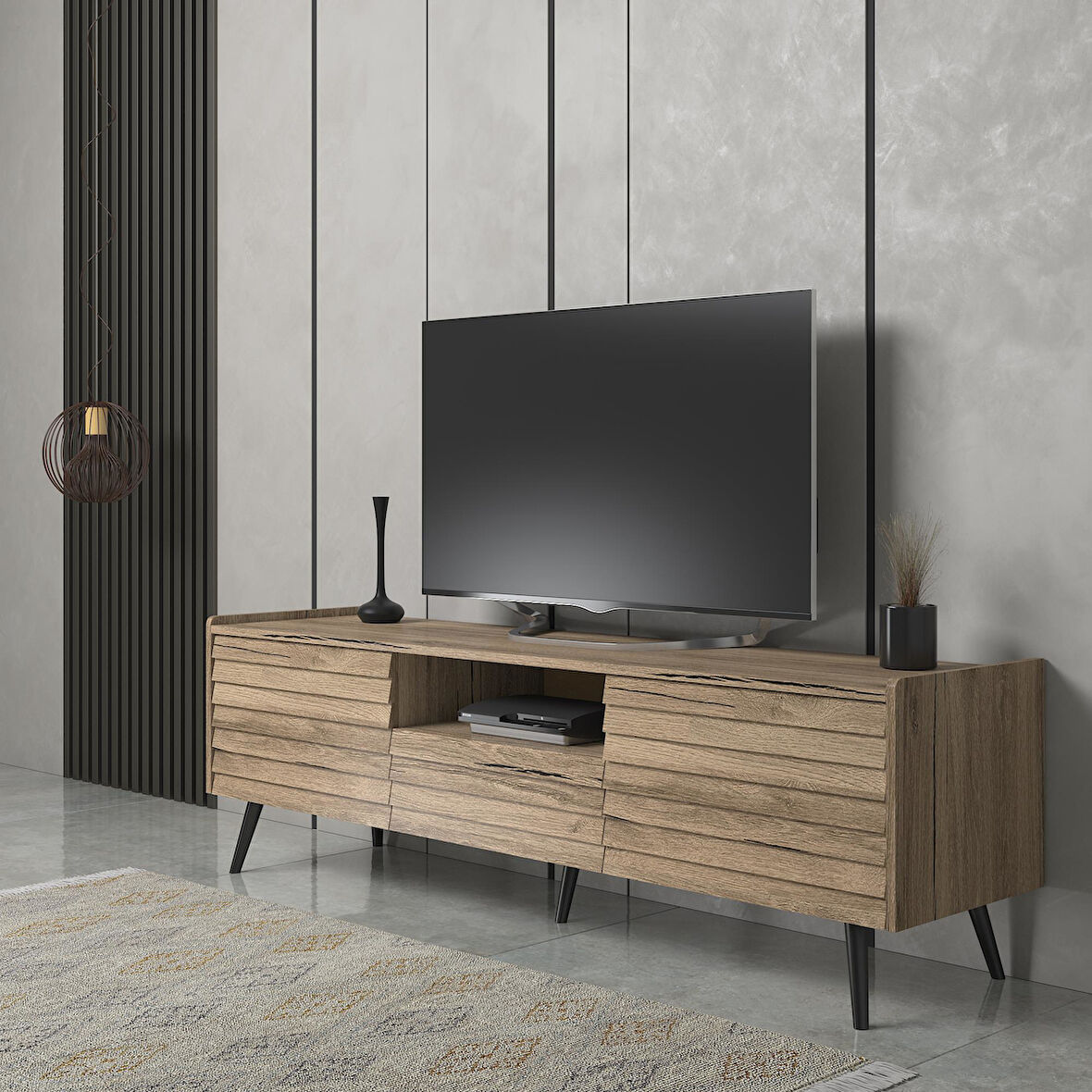 Della Panjur Kapaklı 2 Kapak 1 Çekmece Duvar Raflı Premium 180 Cm Tv Ünitesi - Minifiks - Pera - Siyah