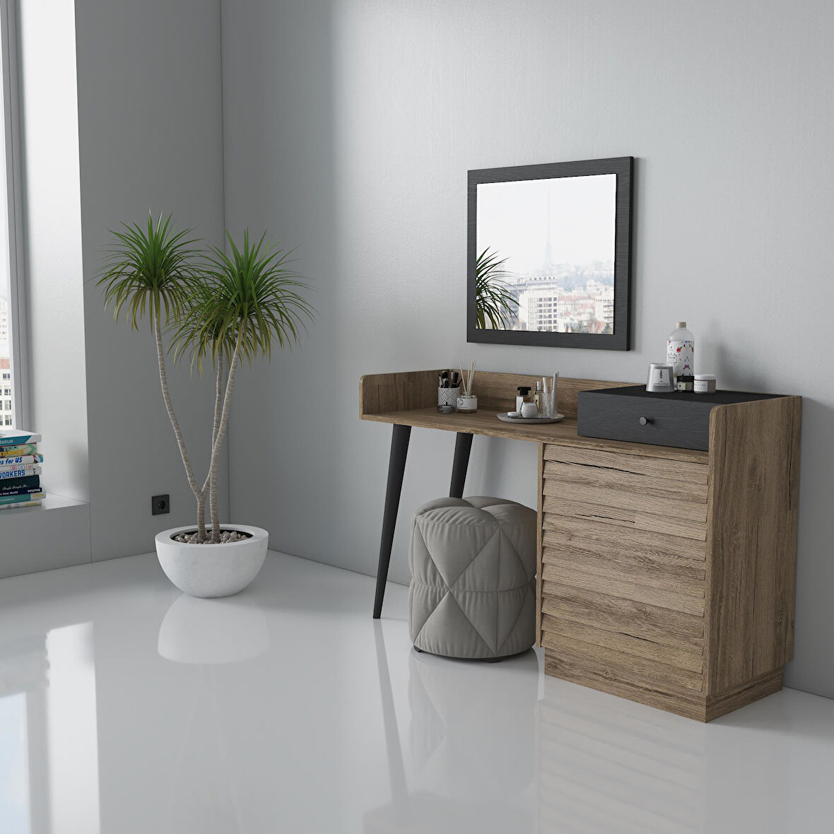 Della Premium Panjur Desenli 4 Çekmeceli Makyaj Masası - Minifiks - Pera / Siyah