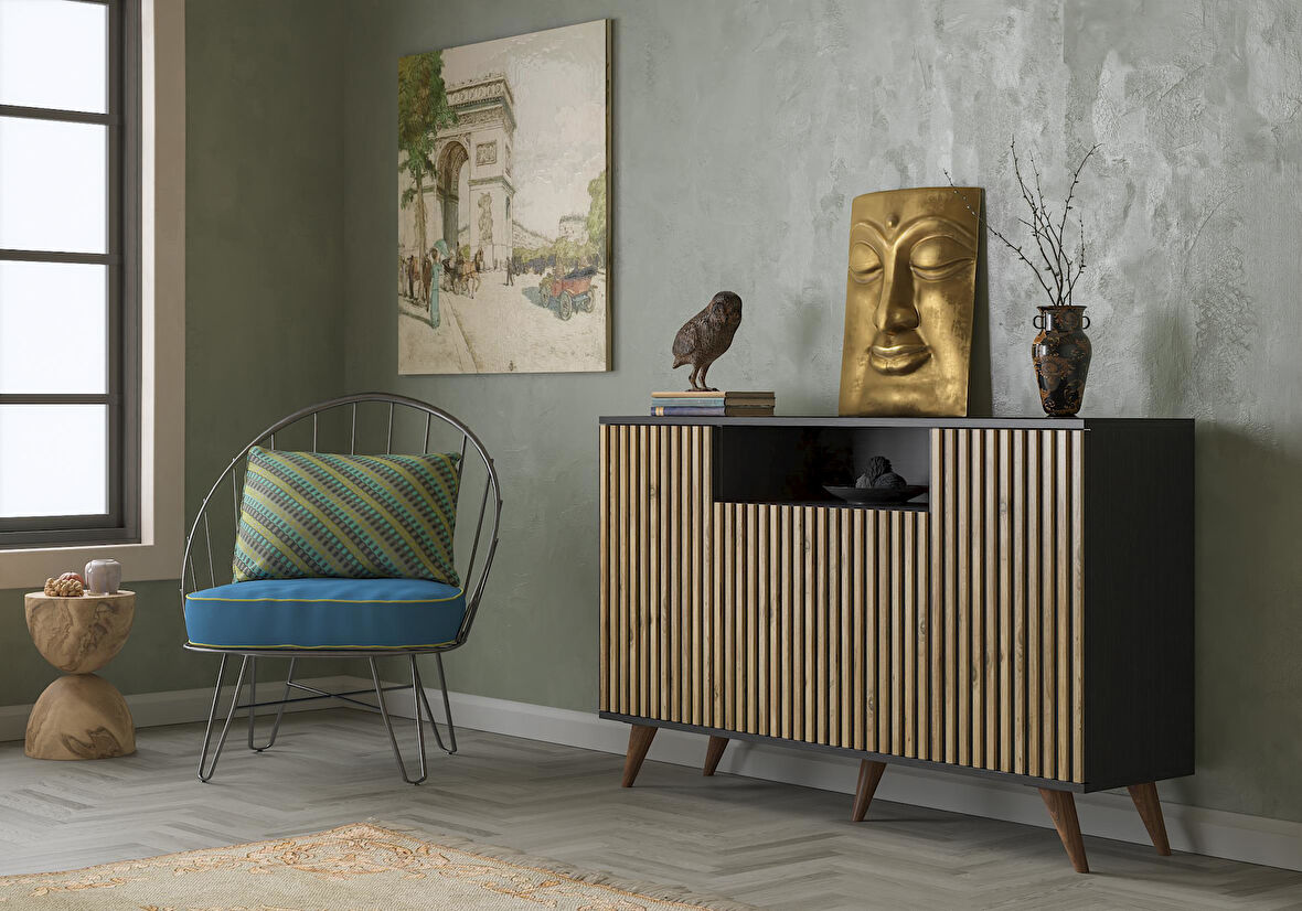 Nova Zebra Kapak 140 Cm 4 Kapaklı 1 Bölmeli Premium Konsol - Minifiks - Wood Siyah / Atlantik Çam