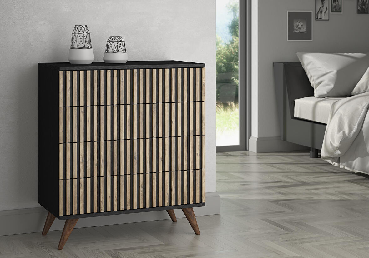Nova Zebra Desen 4 Çekmeceli Premium Şifonyer - Minifiks - Wood Siyah / Atlantik Çam